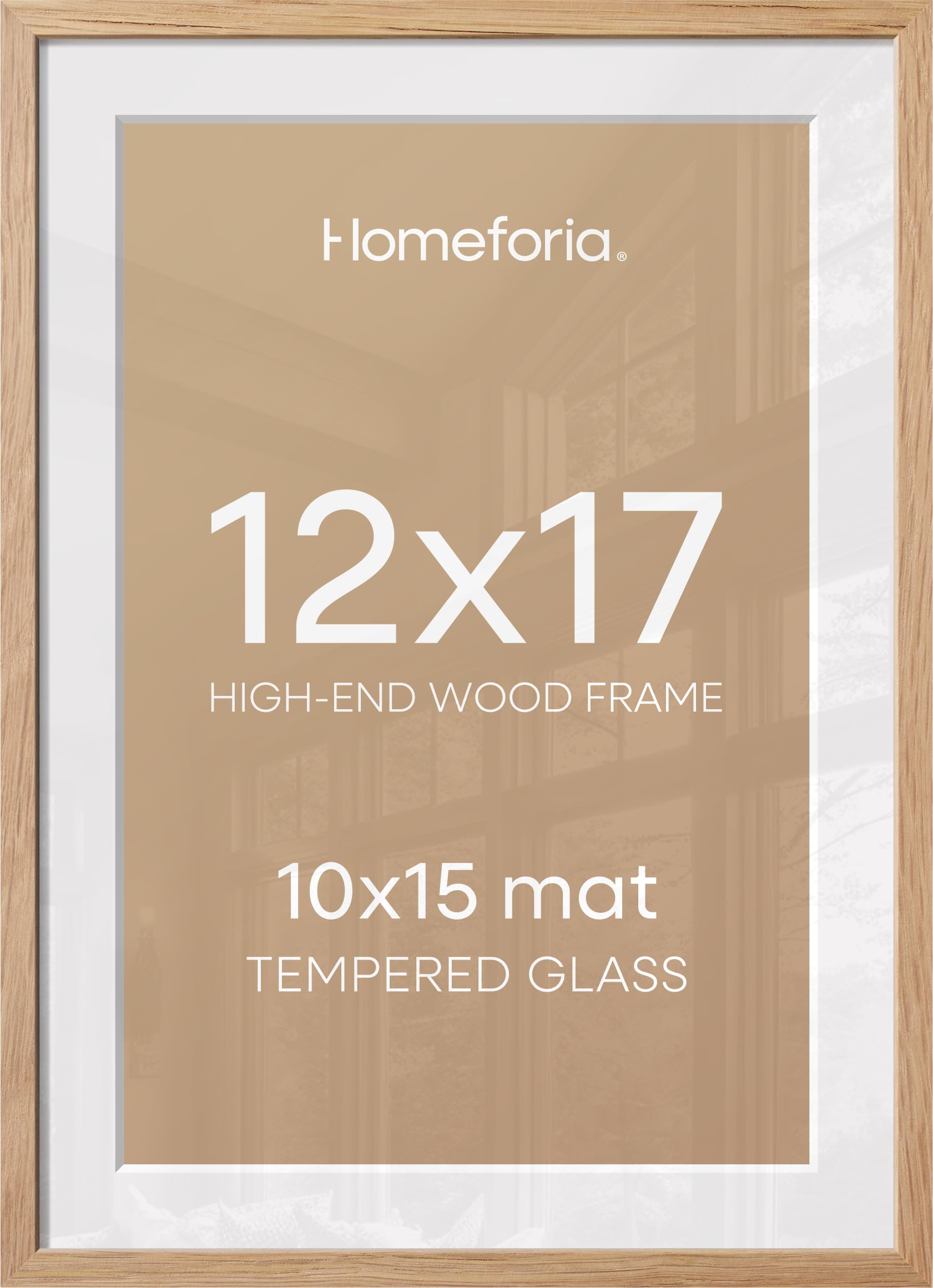 Homeforia 12x17 Natural Oak Picture Frame, High-End Wood, 10x15 Mat, Glass | High End Solid Oak Wood, Tempered Glass, Acid-Free 10x15 Removable Mat, 12x17 Edge-to-Edge Display 17x12, Wall Kit, Set Of 1