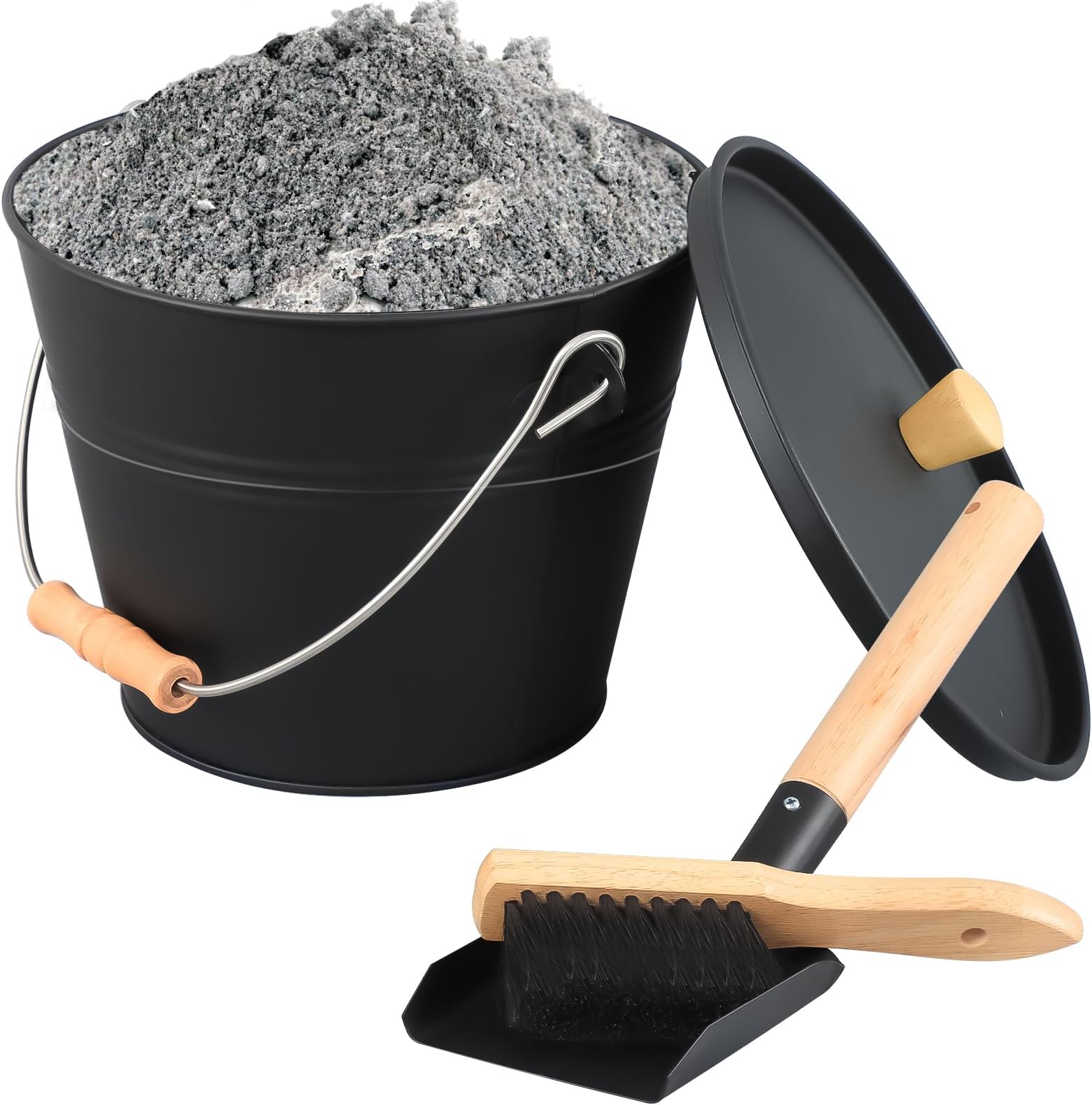 Ash Bucket with Lid, Shovel and Hand Broom, 2.6 Gallon