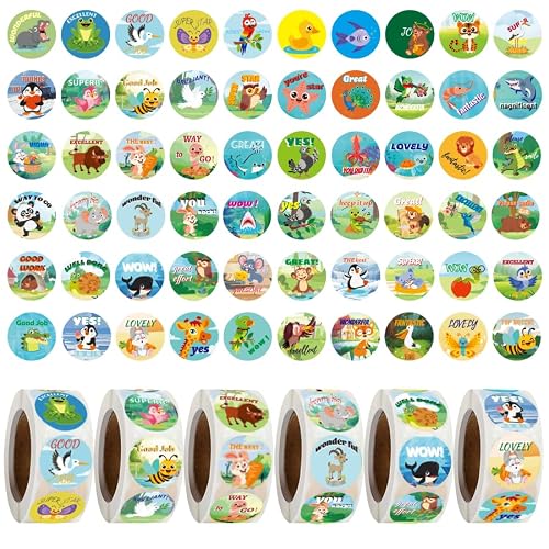 3000 Pcs Reward Stickers for Teachers, Cartoon Animal Motivational Stickers, 0.66 Inch Round Incentive Labels for Classroom, Homework, Behavior Charts, 6 Rolls, 500 Labels per Roll