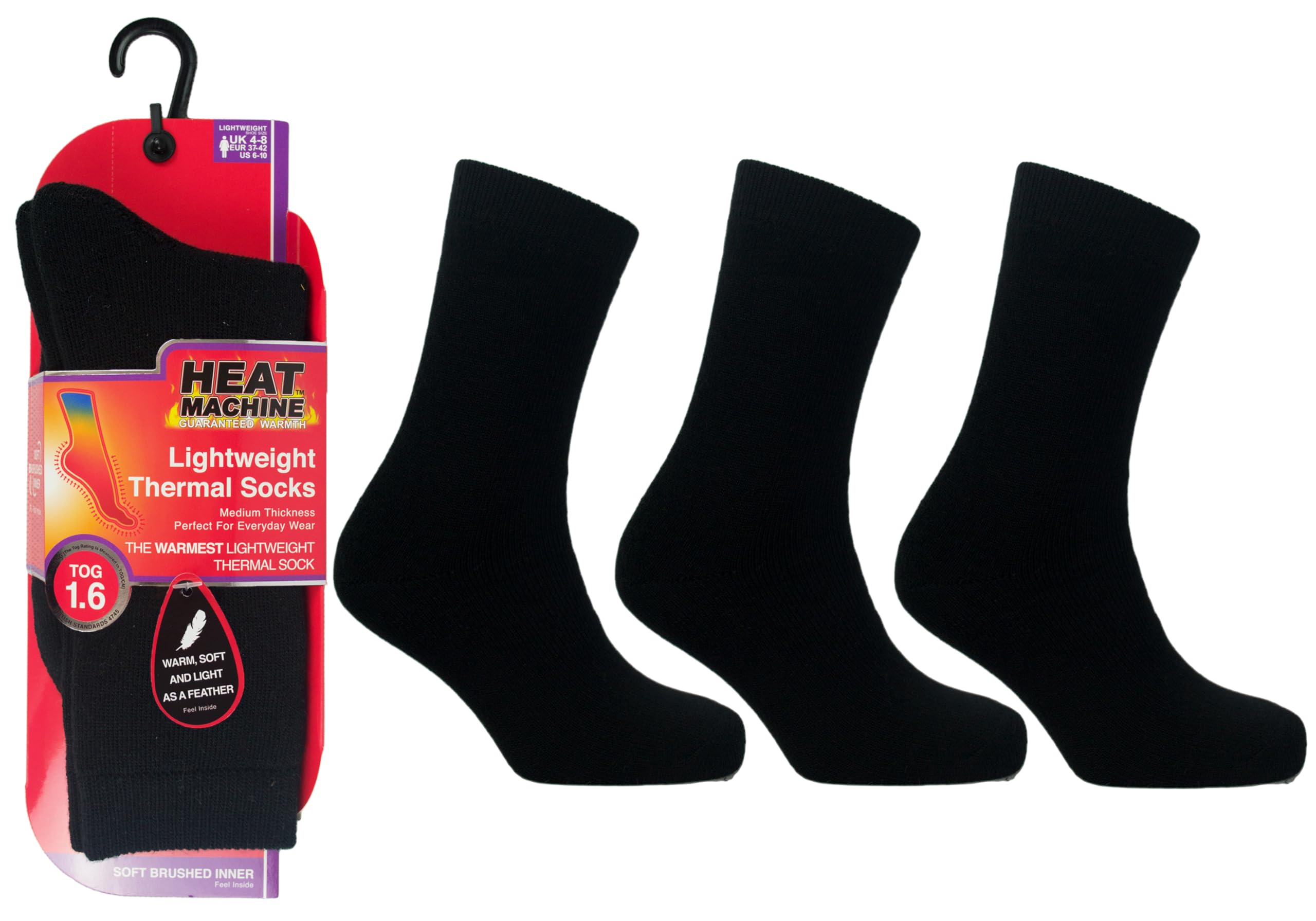 Heat Machine Women's Black Thermal Lite Socks 3 Pairs | 1.6 Tog Warm Winter Thermal Socks For | Lightweight, Soft & Cosy Everyday Boot Socks (Uk, Numeric, 4, 8, Regular, Regular, )