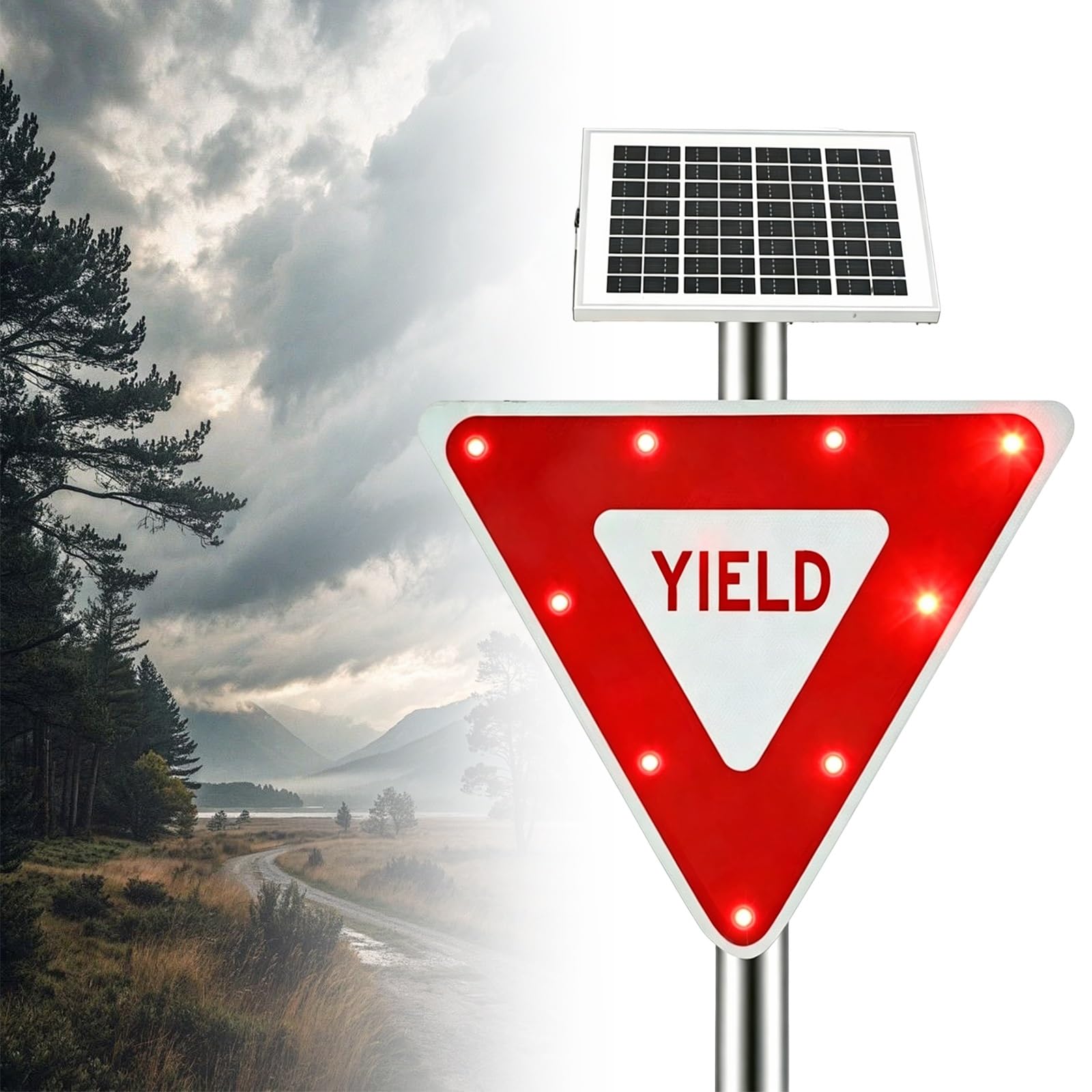 Solar LED Flashing Yield Sign, Solar Powered Flashing Yield Sign, Metal Frame, with a Flashing Indicator Light, Reflective Film, IP65 Waterproof, for Neighborhoods