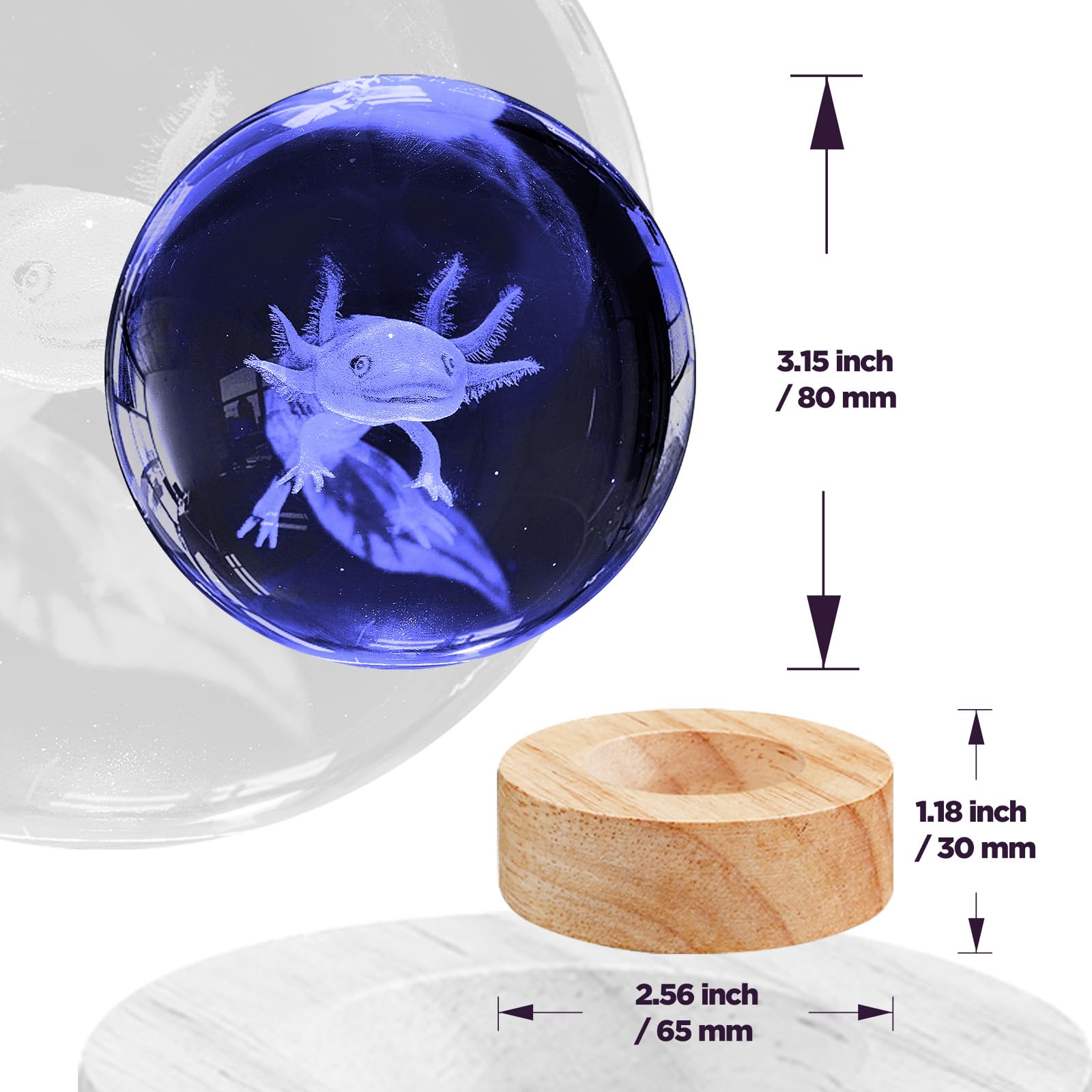 Veilleuse 3D En Forme De Boule De Cristal Axolotl De 8 Cm Avec Base