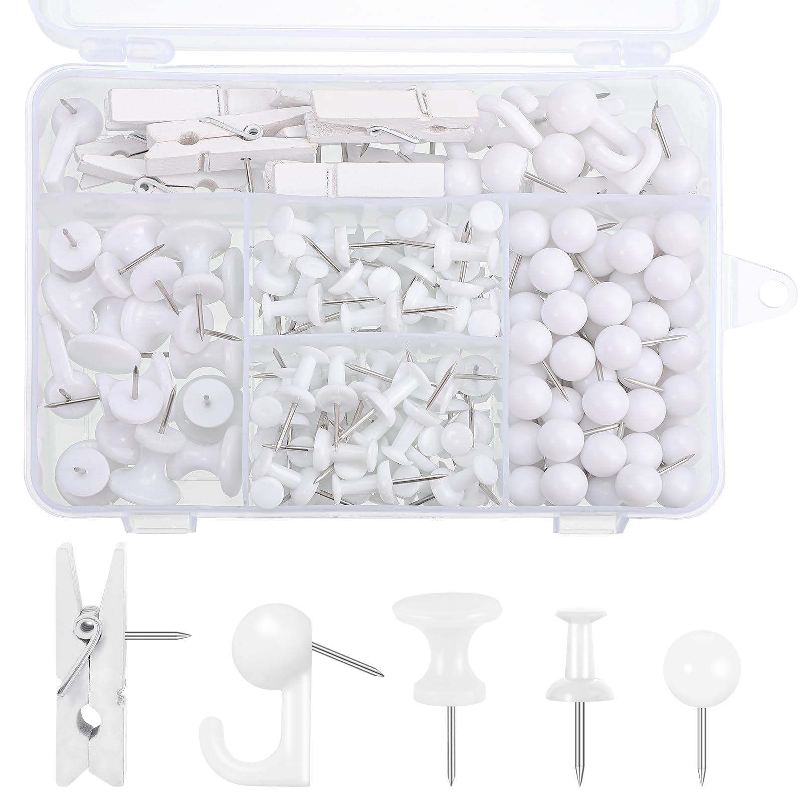 BESARME 200 Pieces Push Pins Set, 5 Types White Thumb Tacks Cute Decorative Push Pins for Wall Cork Board Bulletin Boards with Storage Box