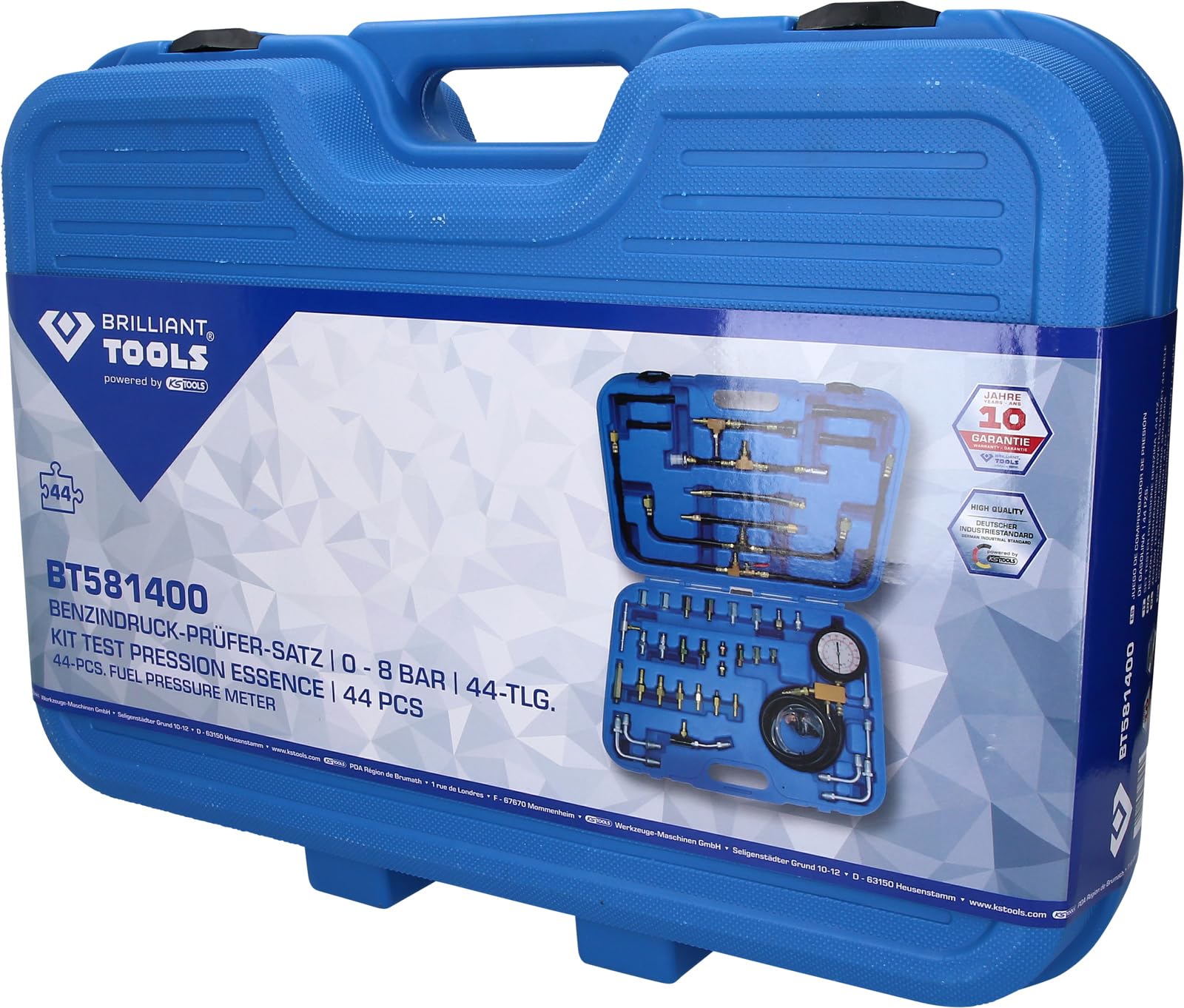 BRILLIANT TOOLS BT581400 Benzindruck-Prüfer-Satz, 0 - 8 bar, 44-tlg [Powered by KS TOOLS] Mit Stabilem Blauen Transportkoffer