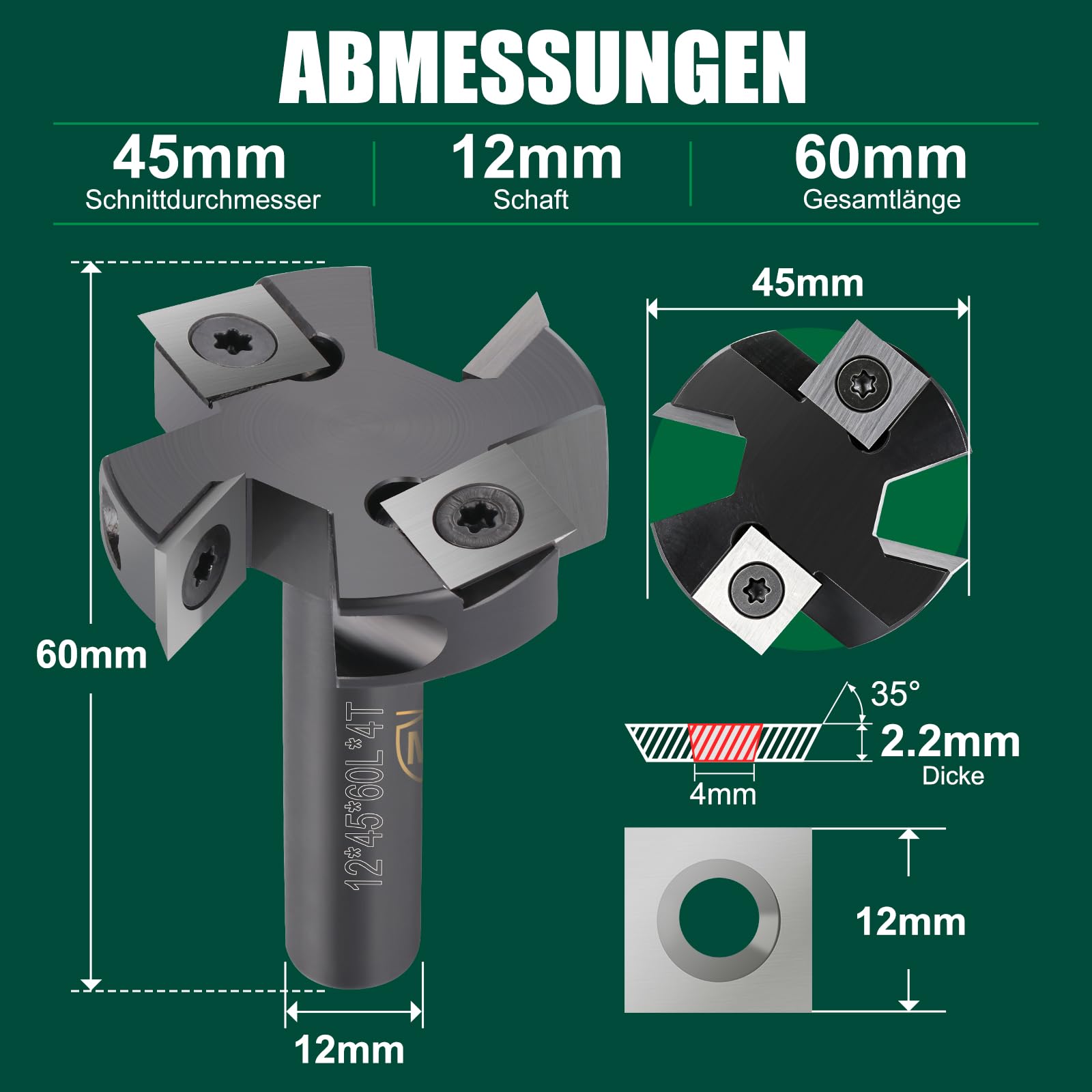 Fresa piatta per frese con codolo da 12 mm, diametro di taglio 45 mm