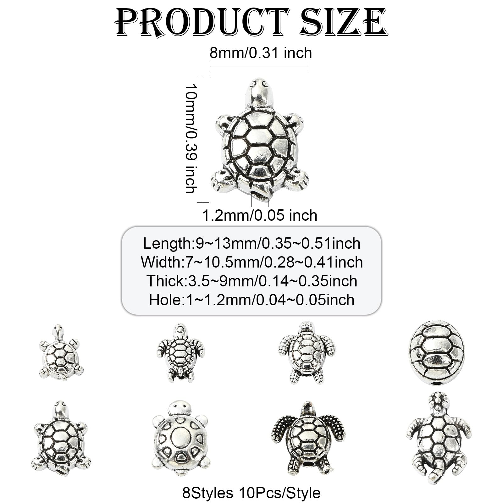 UR URLIFEHALL 80 Pcs 8 Styles Tibetan Style Tortoise Beads Antique Silver Animal Sea Turtle Spacer Beads for Jewellery Crafts Hair Braids Decor - Image 2