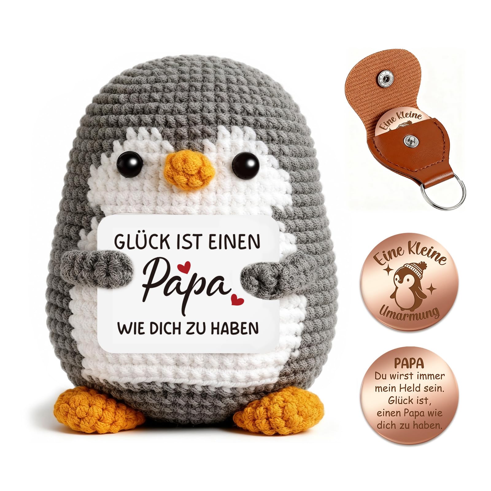 Giftota Vatertagsgeschenk für Papa Pocket Hug Handgehäkelter Pinguin mit Glücksmünze & Lederetui - Geschenke für Papa zum Geburtstag Vatertag - Bester Papa Geschenke
