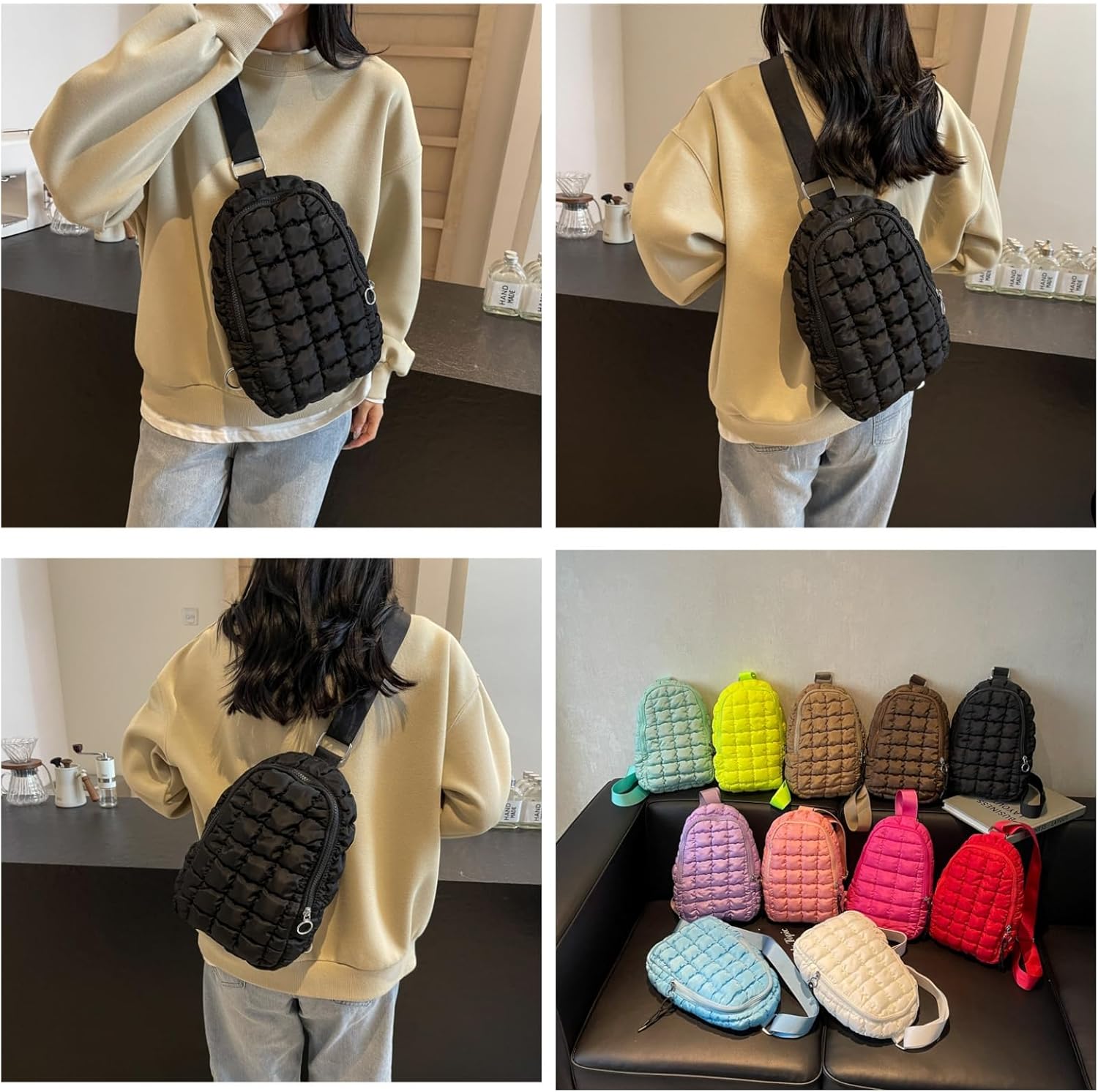 Puffer Bag Quilted Sling Backpack for Women Men Puffy Nylon Daypack Crossbody Chest Purse,Black