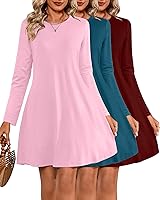 Huukeay 3 Pack Women's Long Sleeve Crew Neck T-Shirt Dresses - Casual Loose Swing Flowy Tunic Dresses for Comfort