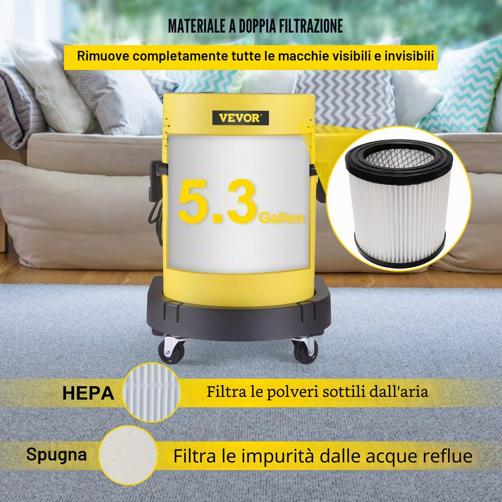 VEVOR Bidone Aspirapolvere con Filo Portatile Umido e Secco a Pressione 1200W Capacità di Cilindro 20L, Aspiracenre con Filtro HEPA 17Kpa per Cortile Giardino Parco