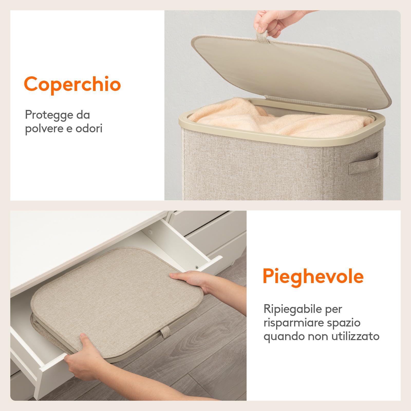 Lifewit Cesto Portabiancheria, Cesta Panni Sporchi con coperchio, Laundry Basket con Plastica Manici, Porta Biancheria Sporca per Bagno, Lavanderia, Camera da Letto, 105 L, Beige