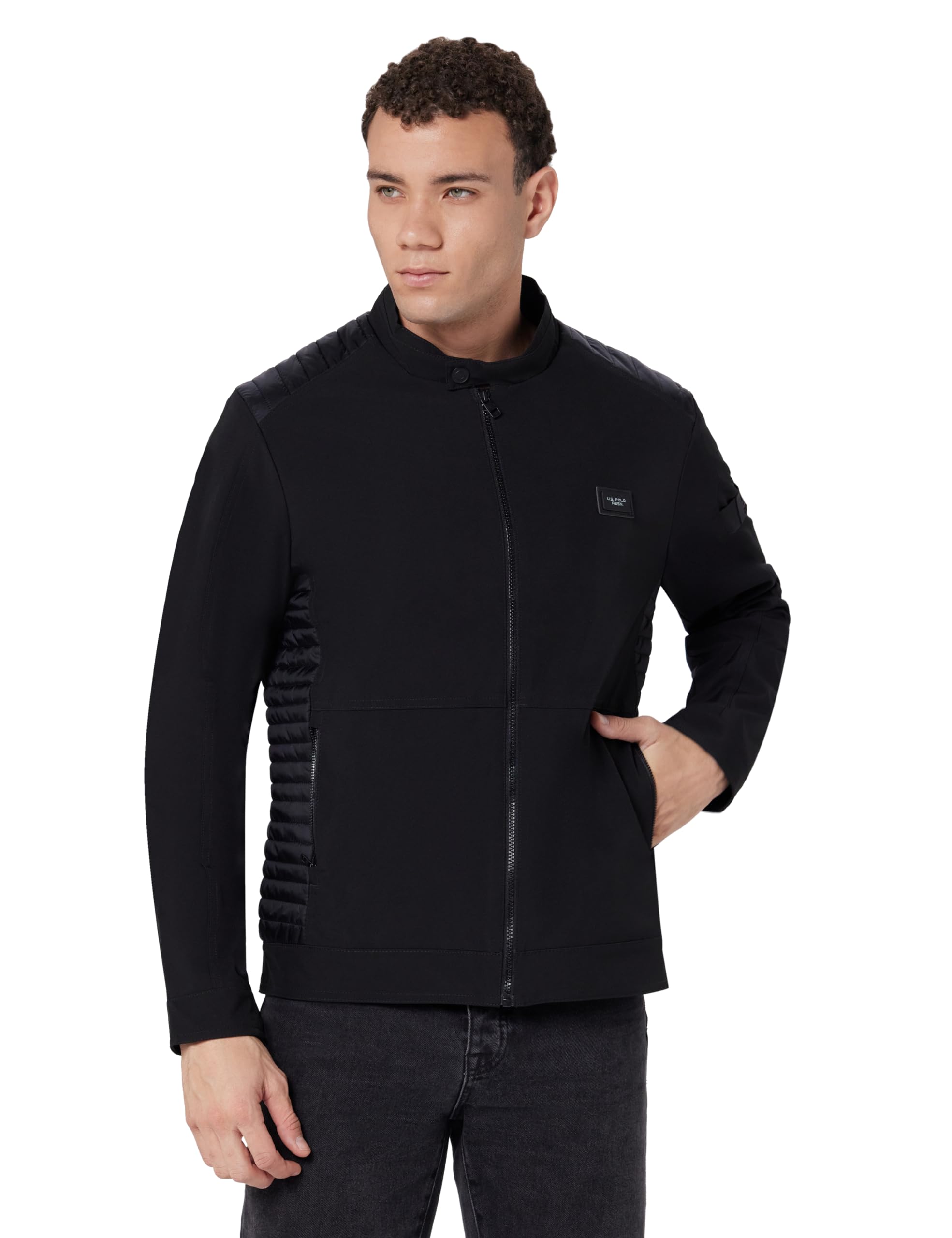 u.s. polo assn. denim co. Men's Black Color Blocked Stand Collar Long Sleeve Casual Polyester Regular Fit Jacket-picture-32