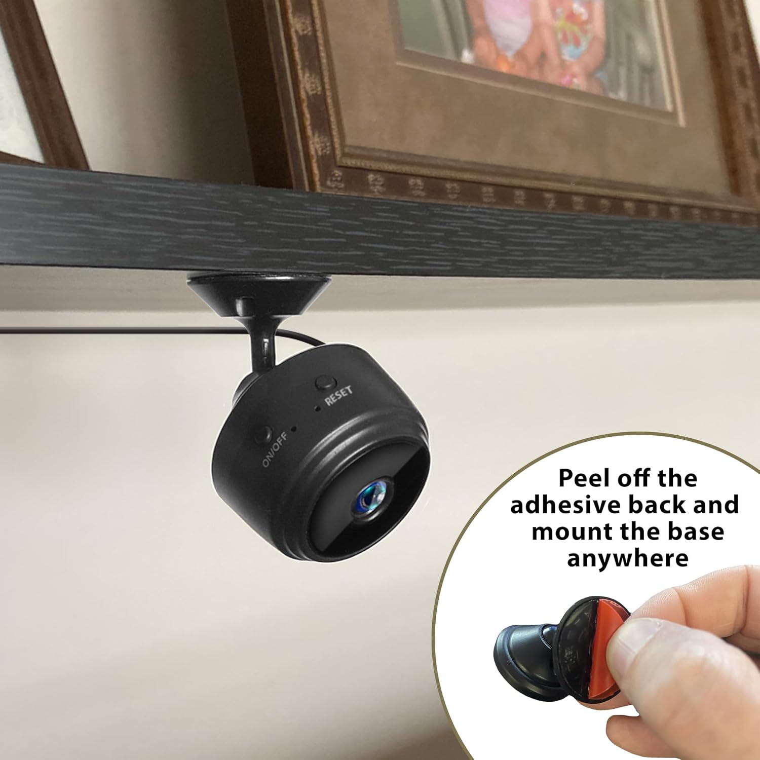 XTREME Mini Security Camera being mounted to a shelf using adhesive back