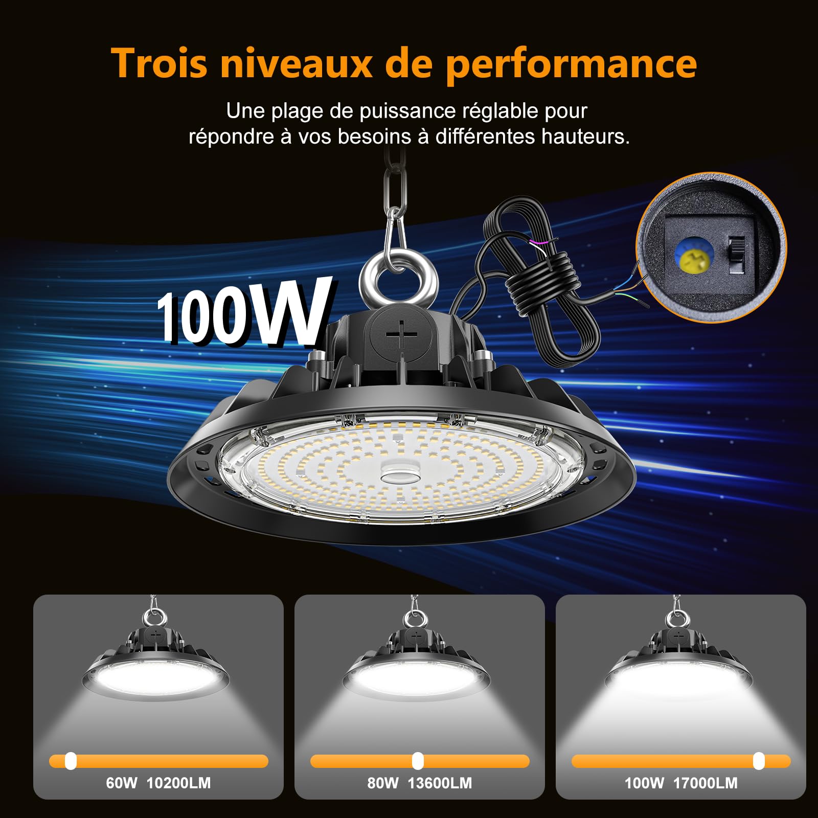 4 pack UFO 100W LED High Bay Projecteur Garage Light 17000LM LED Éclairage pour Atelier Dimmable 60W/80W/100W Éclairage Lampe Industrielle IP65 Étanche Plafond 120° pour Atelier Entrepôt