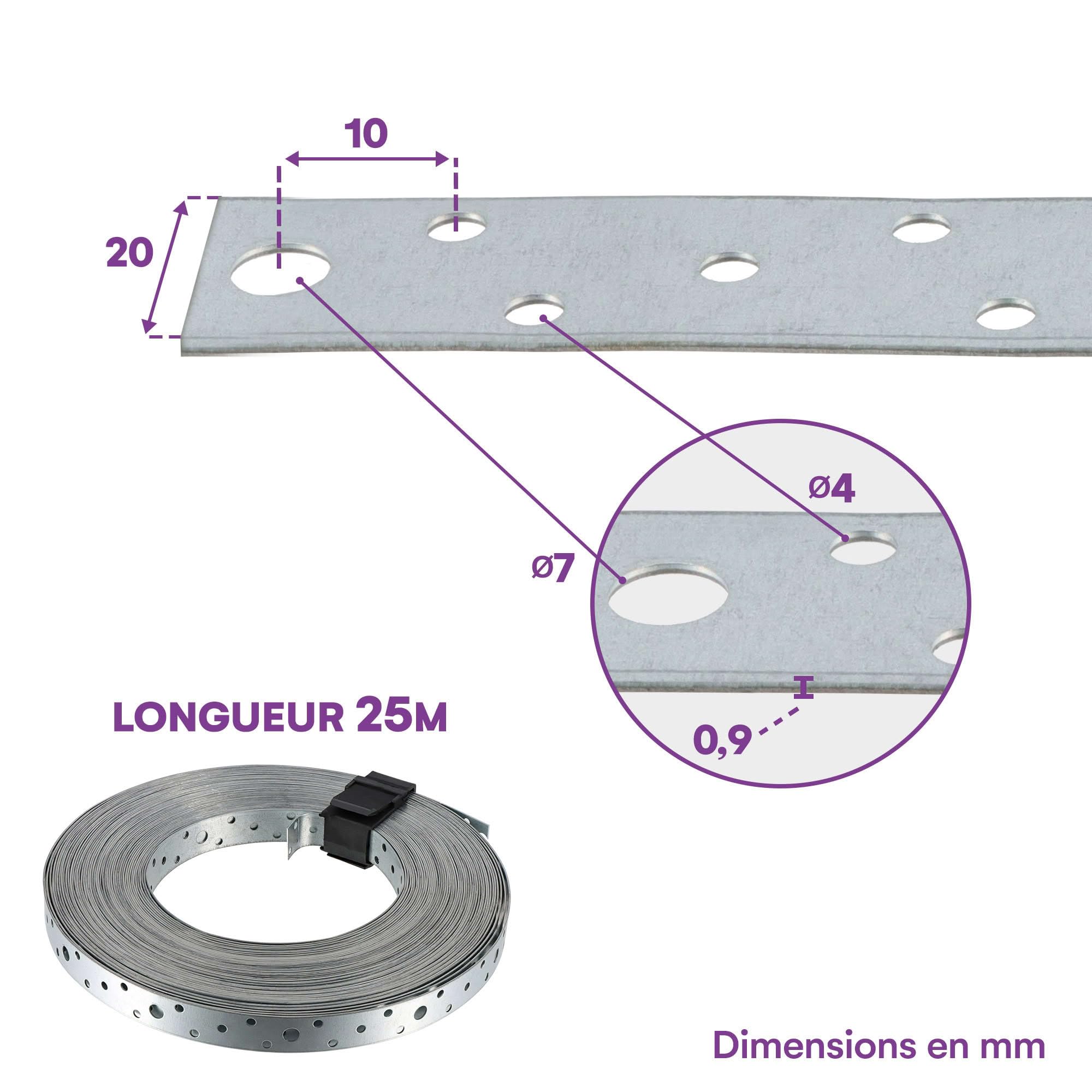 Feuillard perforé galvanisée - 20 x 0,9 mm x 25m