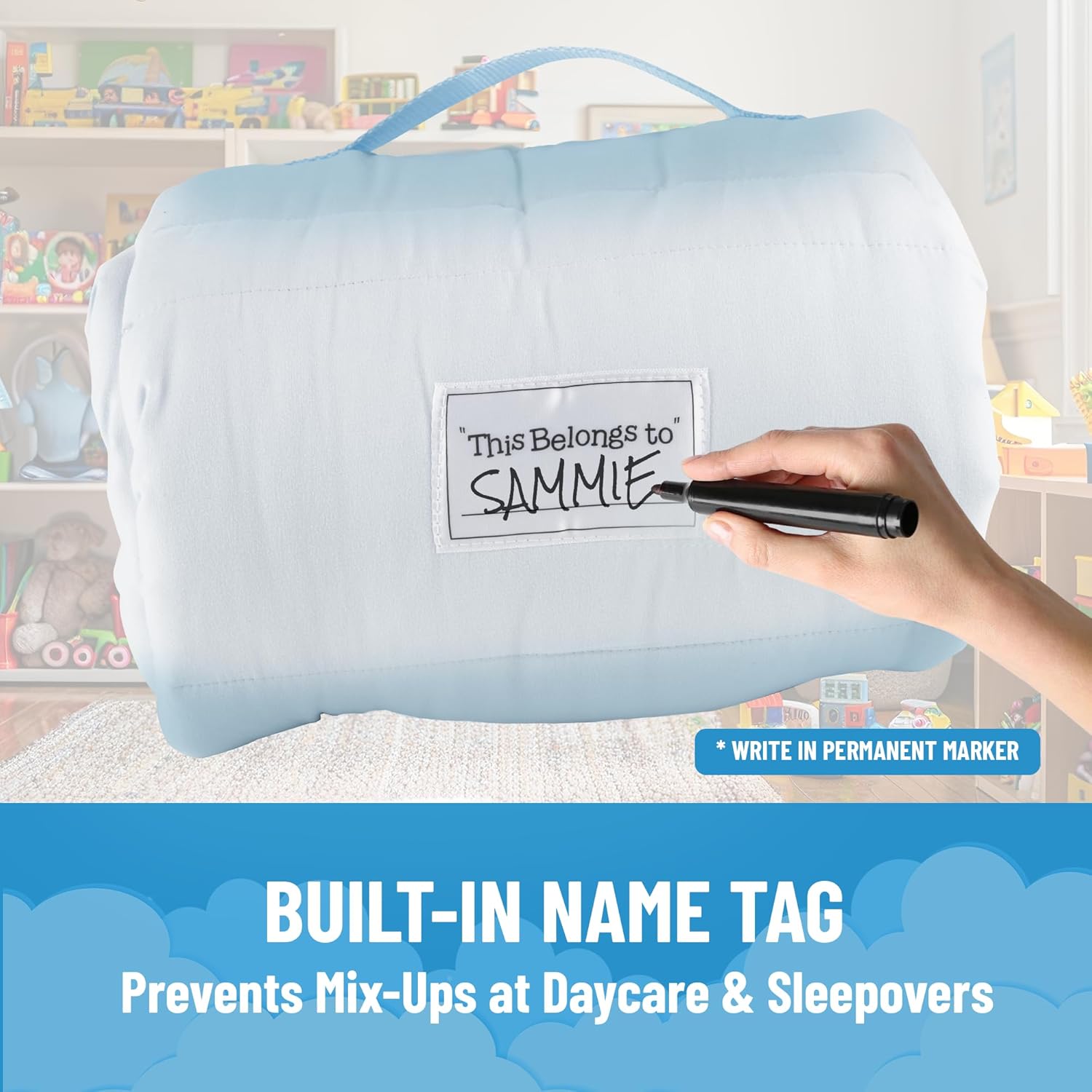 Jay Franco Kids Nap Mat with Embedded Pillow & Blanket – Soft 46"x20" Microfiber Sleeping Bag with Name Tag & Handle for School, Travel, Sleepover