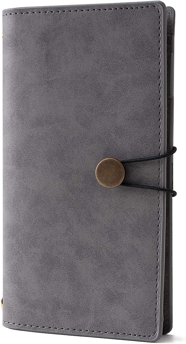 CAGIE Travel Journal Notebook,Refillable Lined Grid Bound Leather Traveler Notebook for Women Men,4.4 inch x 7.48 inch,192 Pages Gray