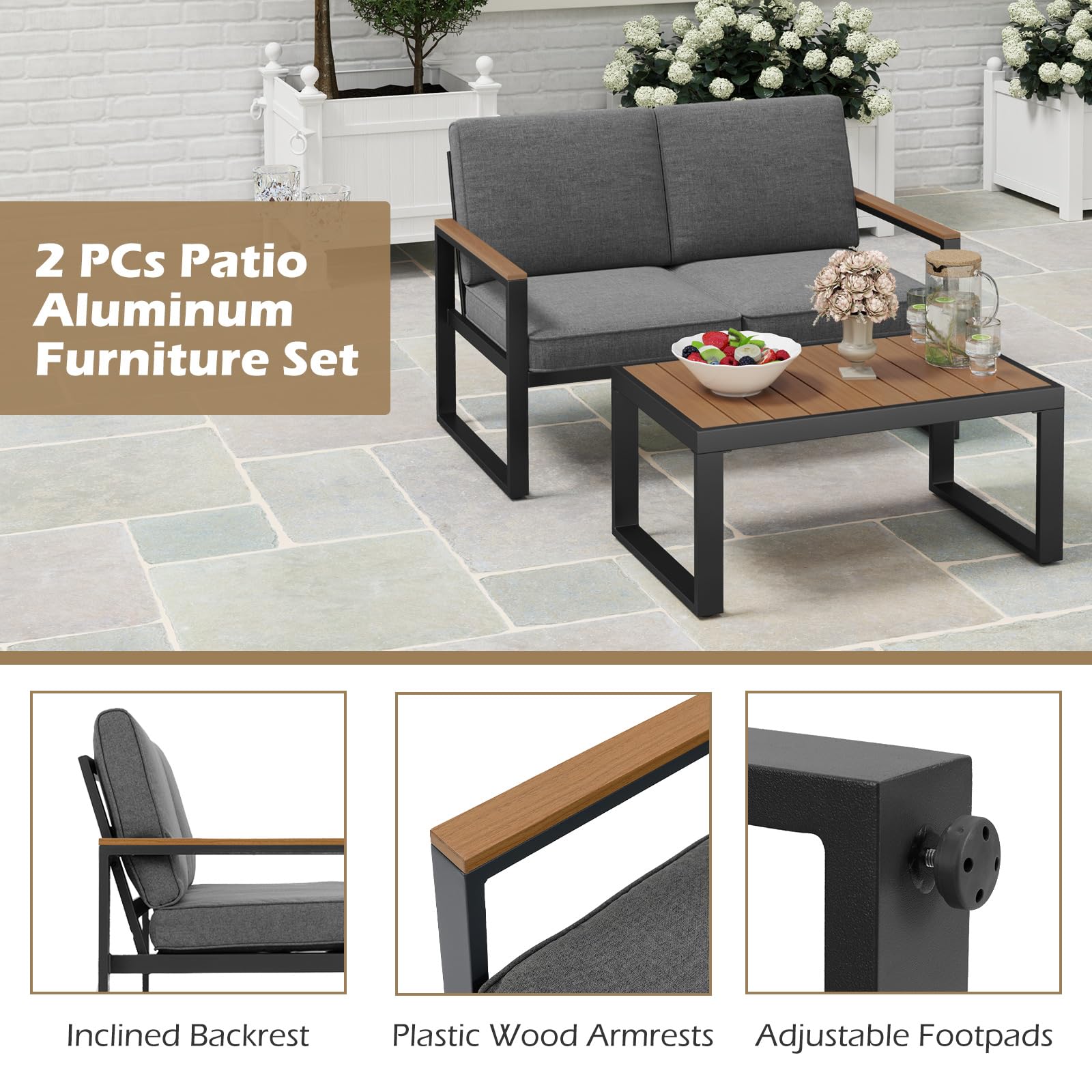 GIANTEX Set di mobili da giardino da balcone, resistente alle intemperie, con telaio in alluminio, set da 2 posti, divano e tavolino da caffè, con cuscino, set da balcone per 2 persone, set da