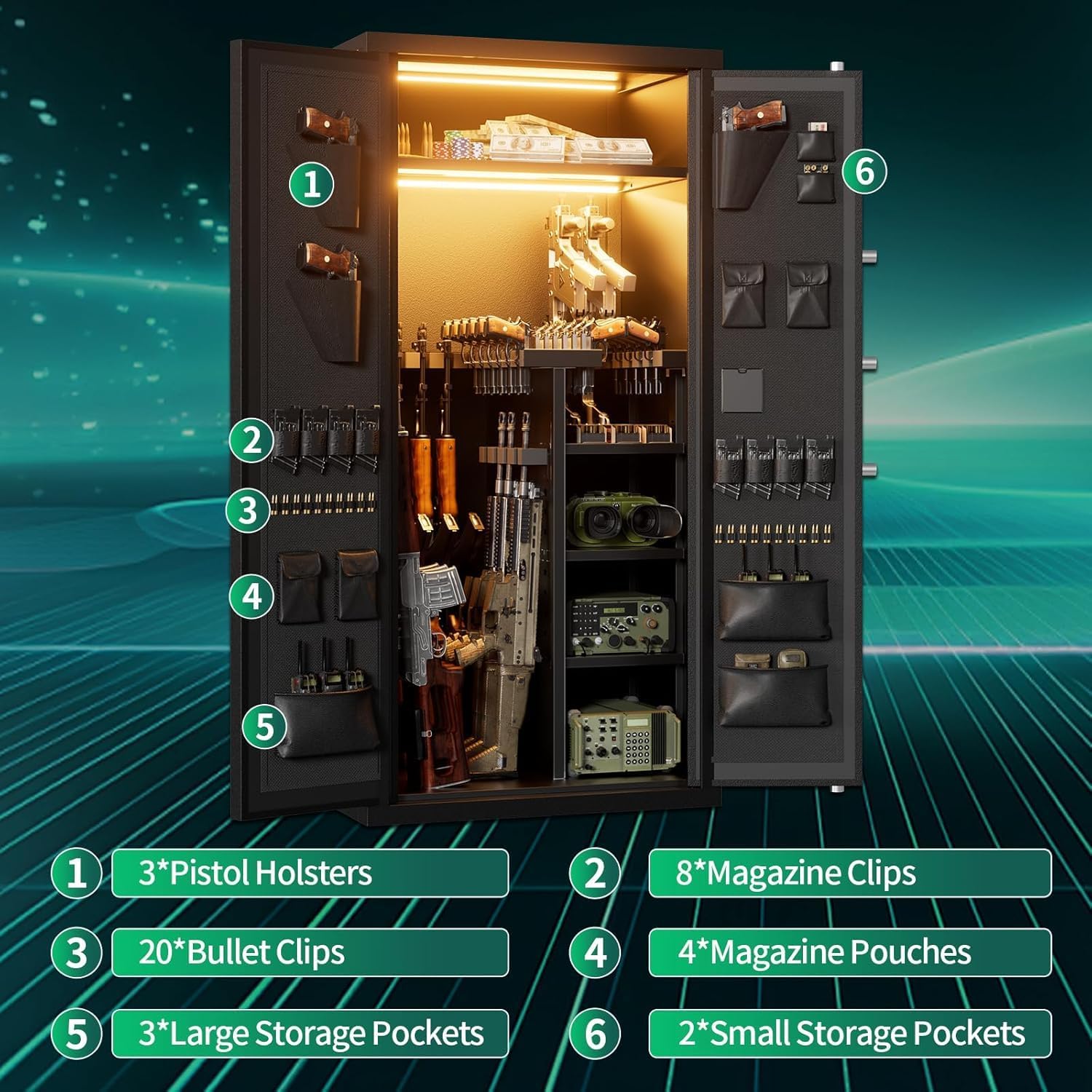 Large Rifle Safe, 30-40 Gun Safe for Rifle and Shotgun Double-Door/Rifle Pistol Rack/Storage Pocket/Removable Shelf/Silent Mode/External Battery/LED,180° Open Door Panel Organizer Unassembled Gun Safe