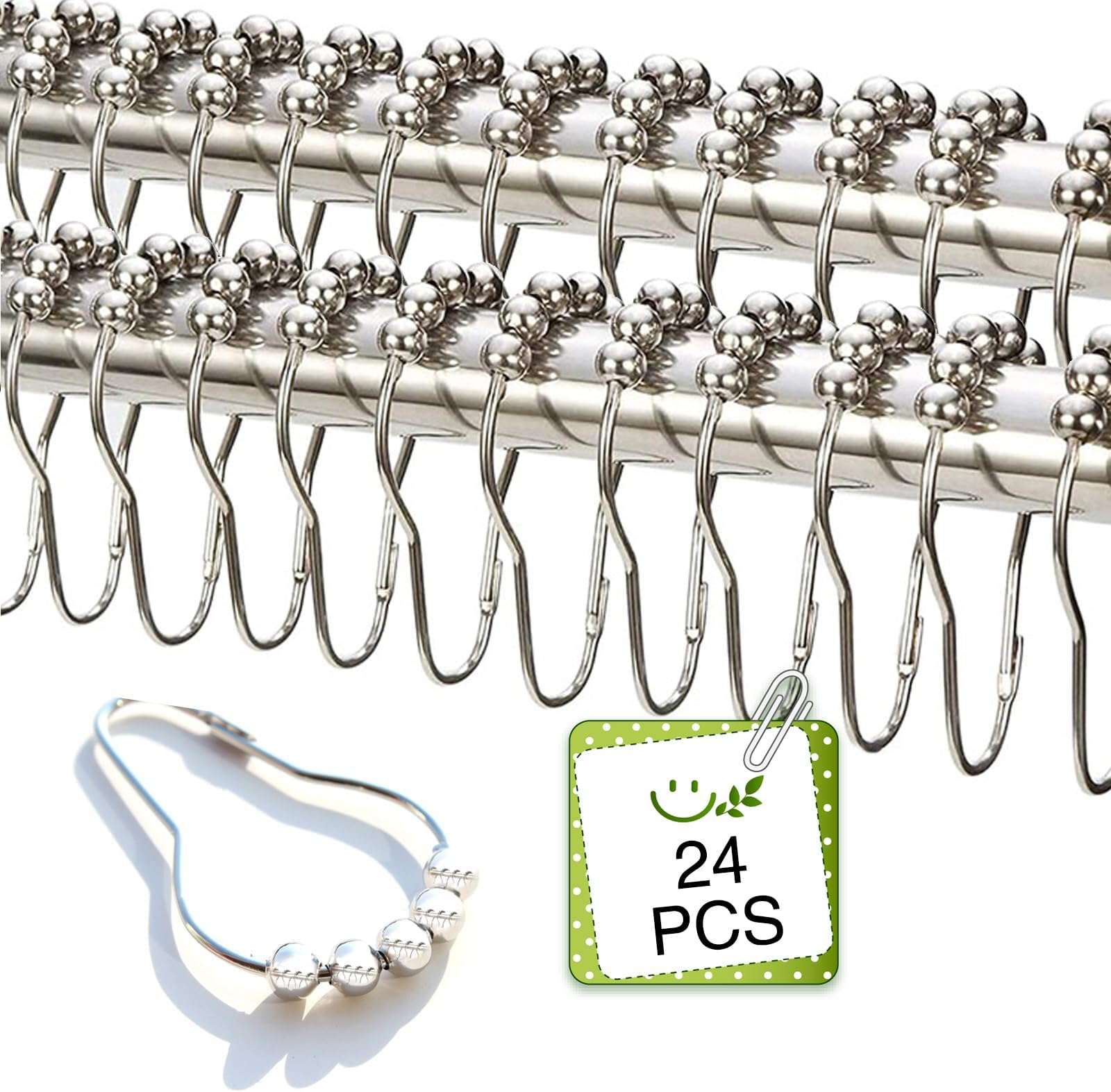24 Pieces Stainless Steel Shower Curtain Hooks and Rings Set - Polished Nickel, Lightweight and Durable for Bathroom Curtain Rollers and Shower Curtain Rods, Metal Shower Curtain Rings