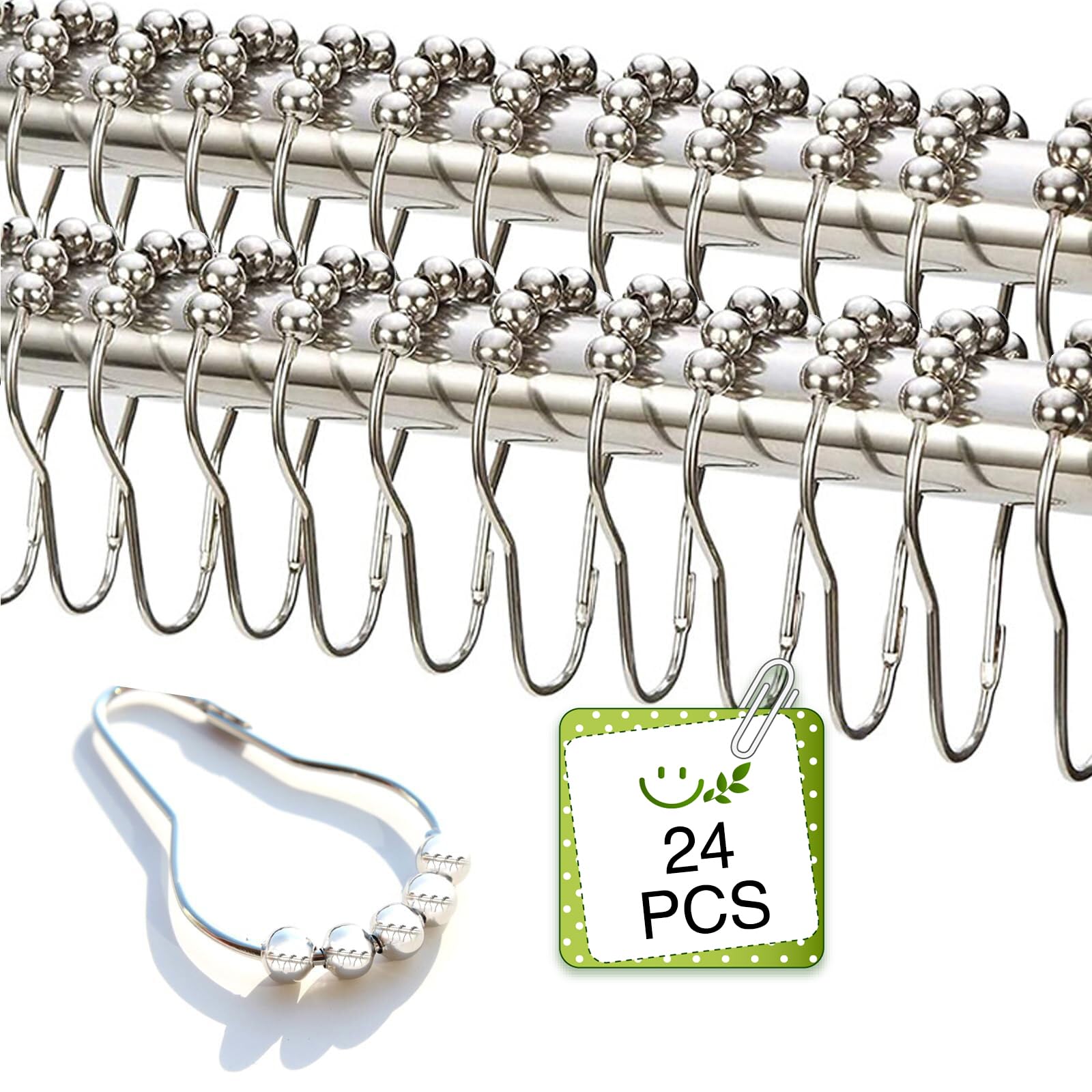24 Pieces Stainless Steel Shower Curtain Hooks and Rings Set - Polished Nickel, Lightweight and Durable for Bathroom Curtain Rollers and Shower Curtain Rods, Metal Shower Curtain Rings