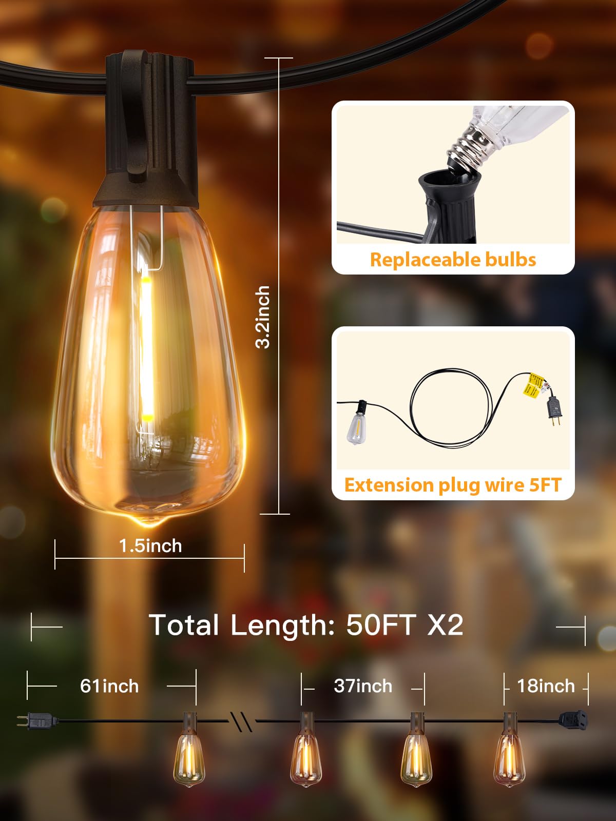 addlon 100 FT (2x50FT) Outdoor String Lights,Waterproof Patio Lights UL Listed with 30+2 Shatterproof Dimmable ST38 LED Bulbs,2700K Connectable Outdoor Lighting for Backyard Bistro Garden
