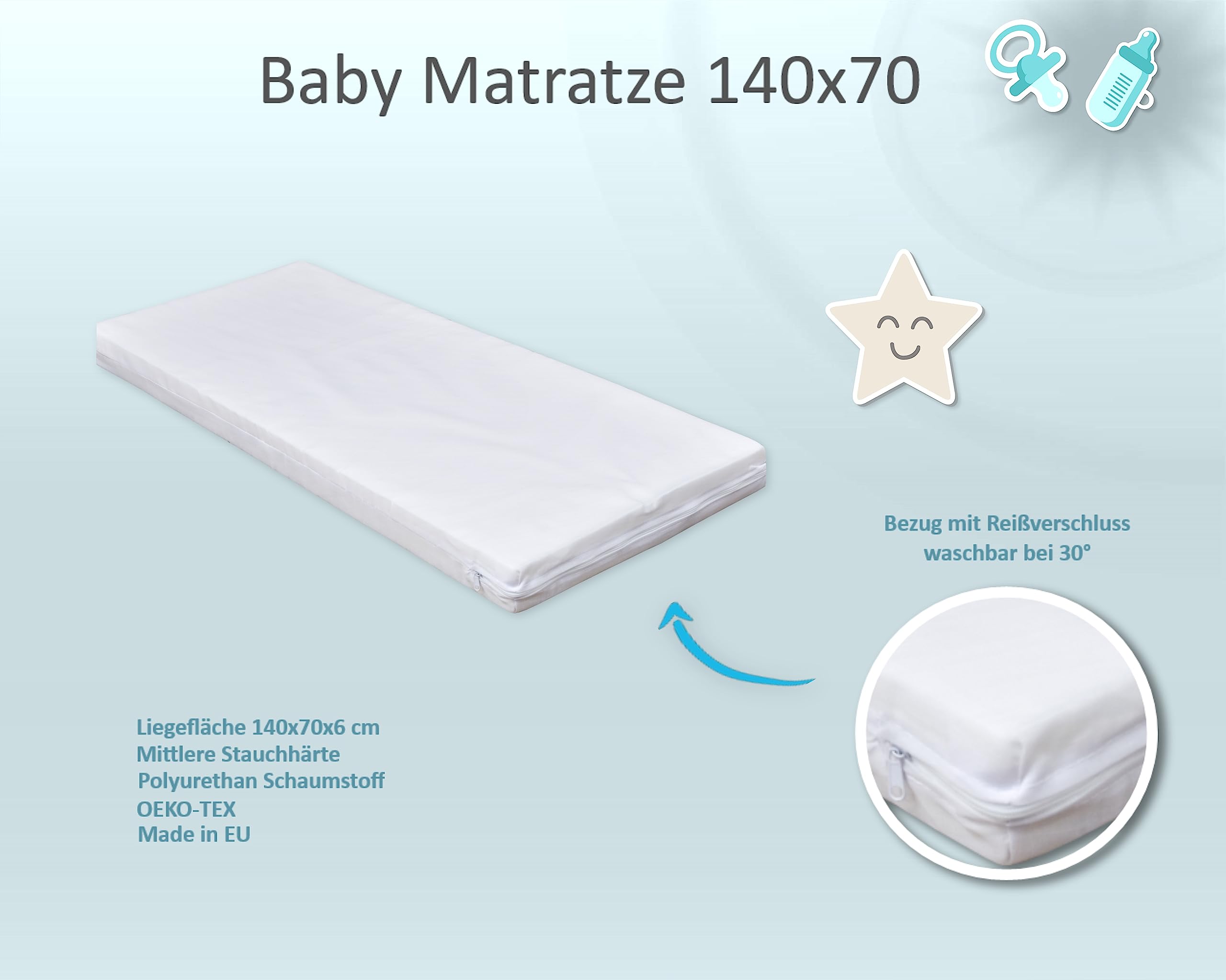 Generisch Baby Delux Babybett Komplett Set 9-TLG Kinderbett umbaubar zum Juniorbett 70x140 Matratze Jack Bettset Chiffonhimmel (Prince Stars)