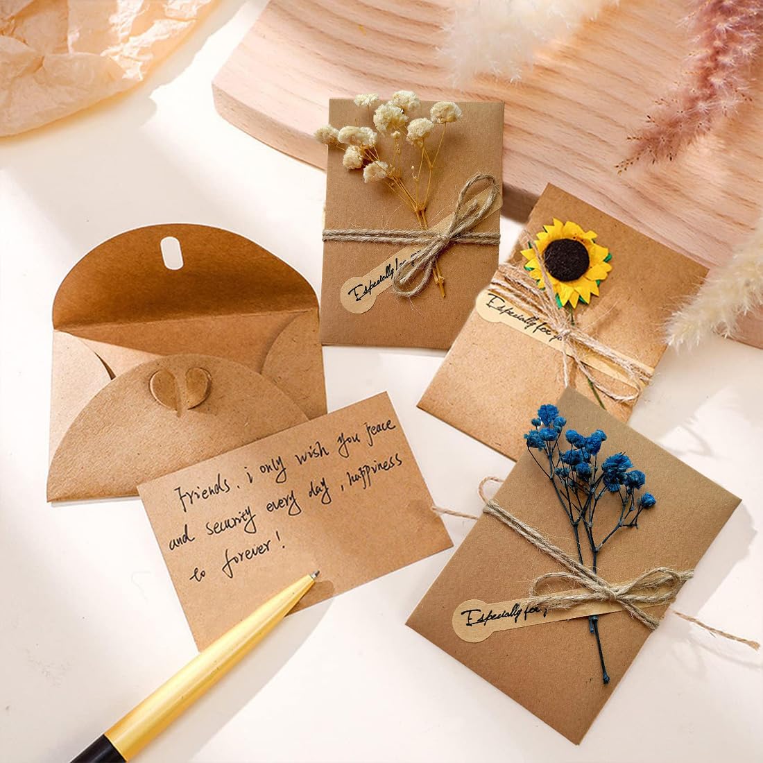 Tarjeta de Felicitación Vintage con Flores Secas, Postales Kraft para Cumpleaños Boda Navidad - 10 Sobres