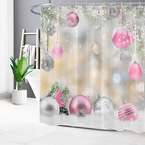 Miniatura 2 de LB Pink Christmas Shower Curtain Sets with Rugs Silver Xmas Ball with Green Fir Branches Winter Holiday Fabric Shower Curtain with Hooks New Year