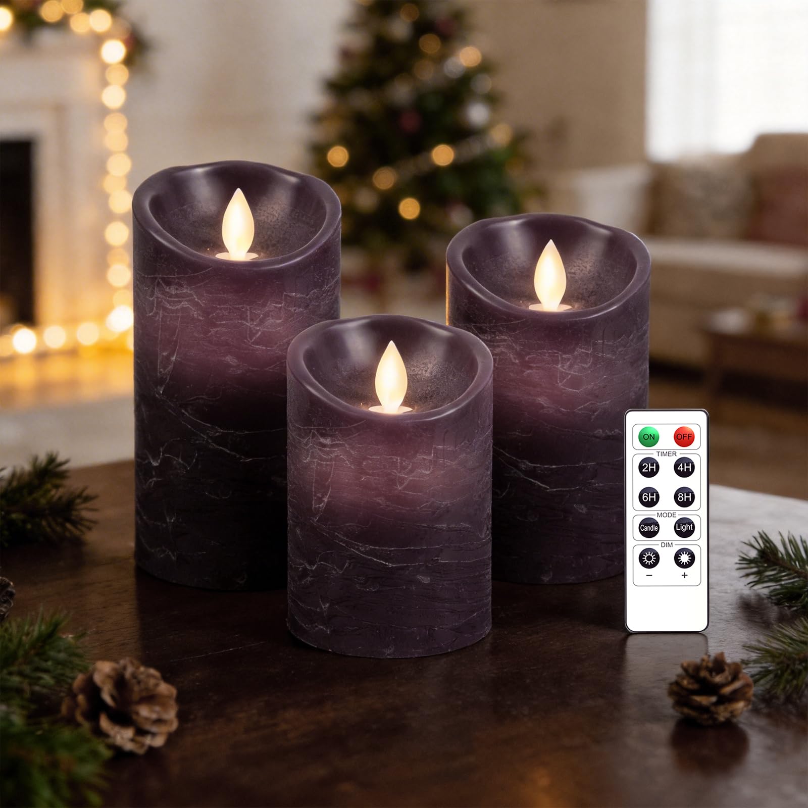 AnnSpa LED Candle 3 Set Battery Operated with 10-Key Remote Control and Cycling 24 Hours Timer, Flameless Real Wax Flickering Moving Wick Flickering Amber Yellow Light Pillar Candles (Purple) — image 1
