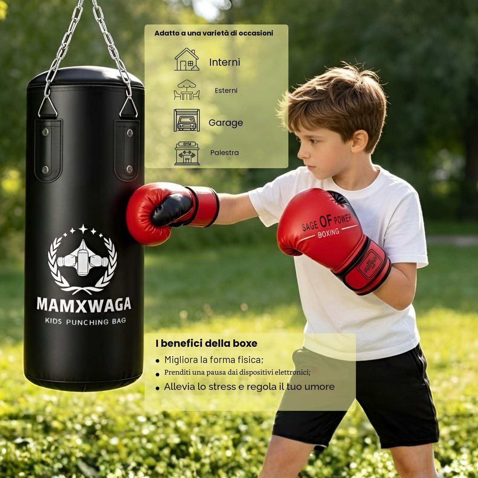 Sacco da Boxe per Bambini Vuoto, 60cm PU Sacco da Boxe Appeso con 6oz Guantoni da boxe, Pugilato Set per Giovanile 3 4 5 6 7 8 9 10 11 12 Anni