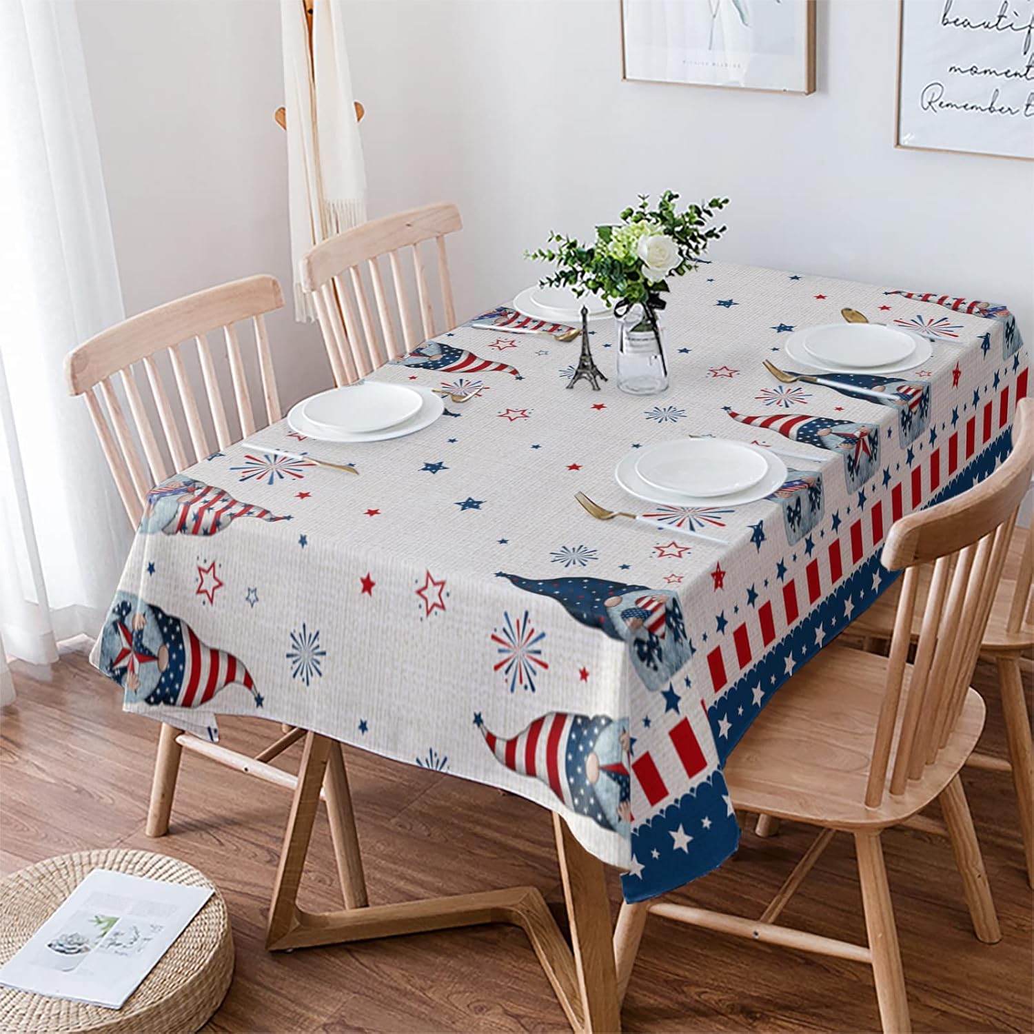 Independence Day Rectangle Tablecloth Waterproof Polyester Table Cloth USA Flag Retro Pentagram Texas Star Washable 4 Feet Table Cover for Dining Table, Buffet Parties and Camping,52x70inch