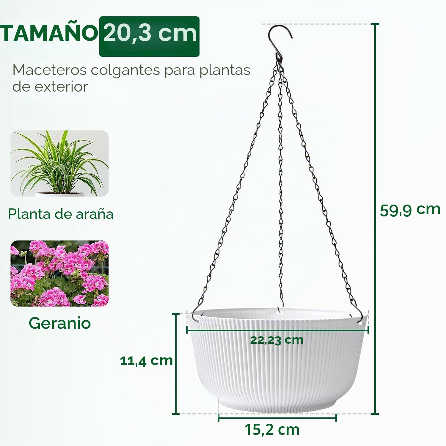T4u Maceta Colgante 20 cm Pack de 2 con Drenaje para Exterior Blanco | Diseño estriado, cadena resistente, plantas verdes, flores, balcón, ventana, hogar, oficina, ahorro de espacio, decoración