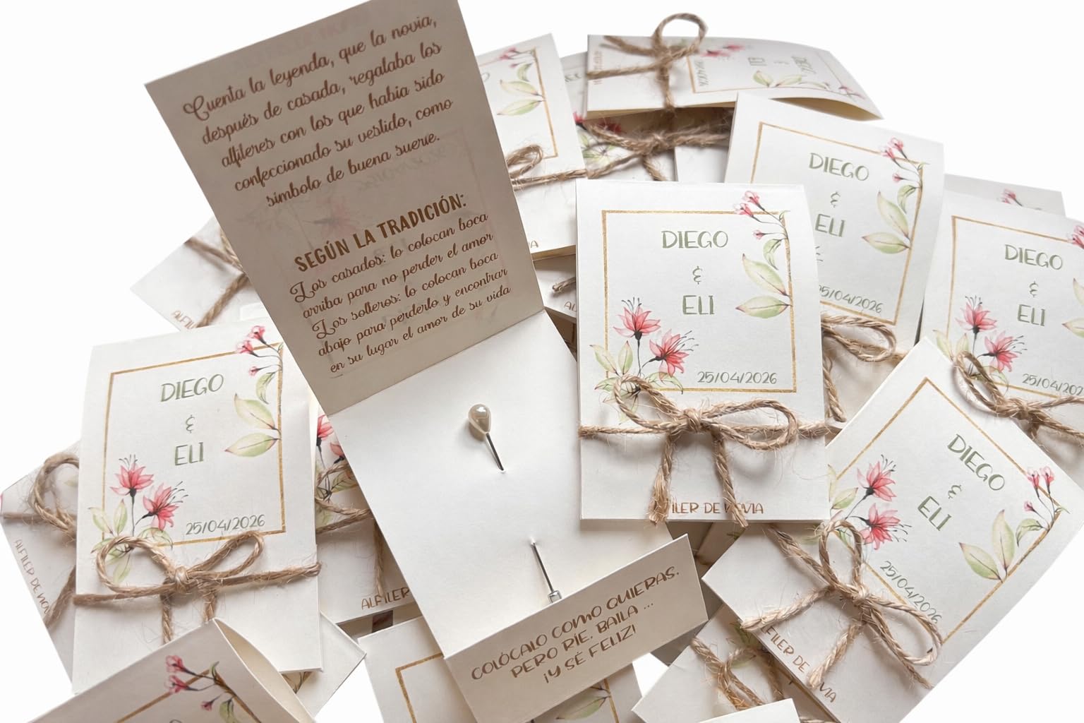 50 alfileres clásicos de Novia con Leyenda incluída | Detalles de Boda Personalizados | Decoración Boda | Regalos artesanales | Regalos de Boda para Invitados
