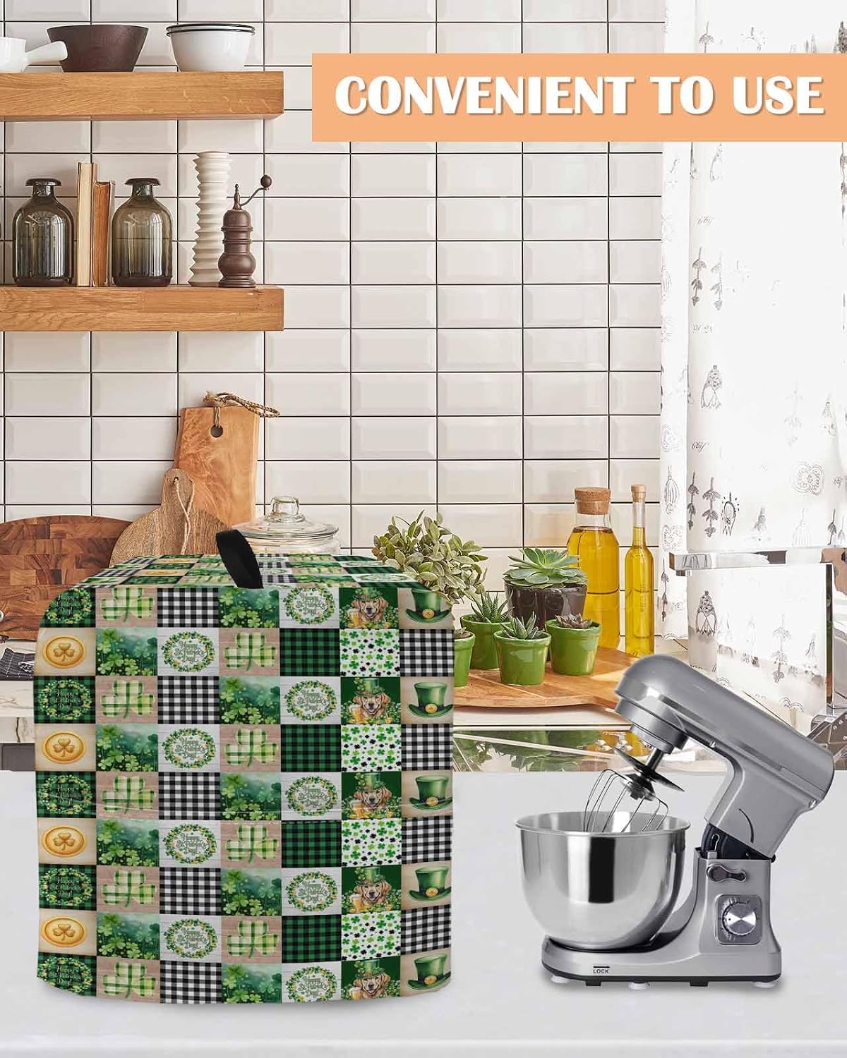 St. Patrick's Day Stand Mixer Cover with Storage Pocket, Waterproof Kitchen Mixer Covers, Green Hat Dog Lucky Shamrocks Black Check Kitchen Appliance Dust Cover Compatible with 4/4.5 Quart Mixers