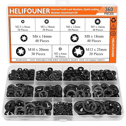 Miniatura 9 de HELIFOUNER 360 piezas de 9 tamaños de arandelas de bloqueo de estrella con diente interno, arandelas de bloqueo de velocidad rápida, tuercas de