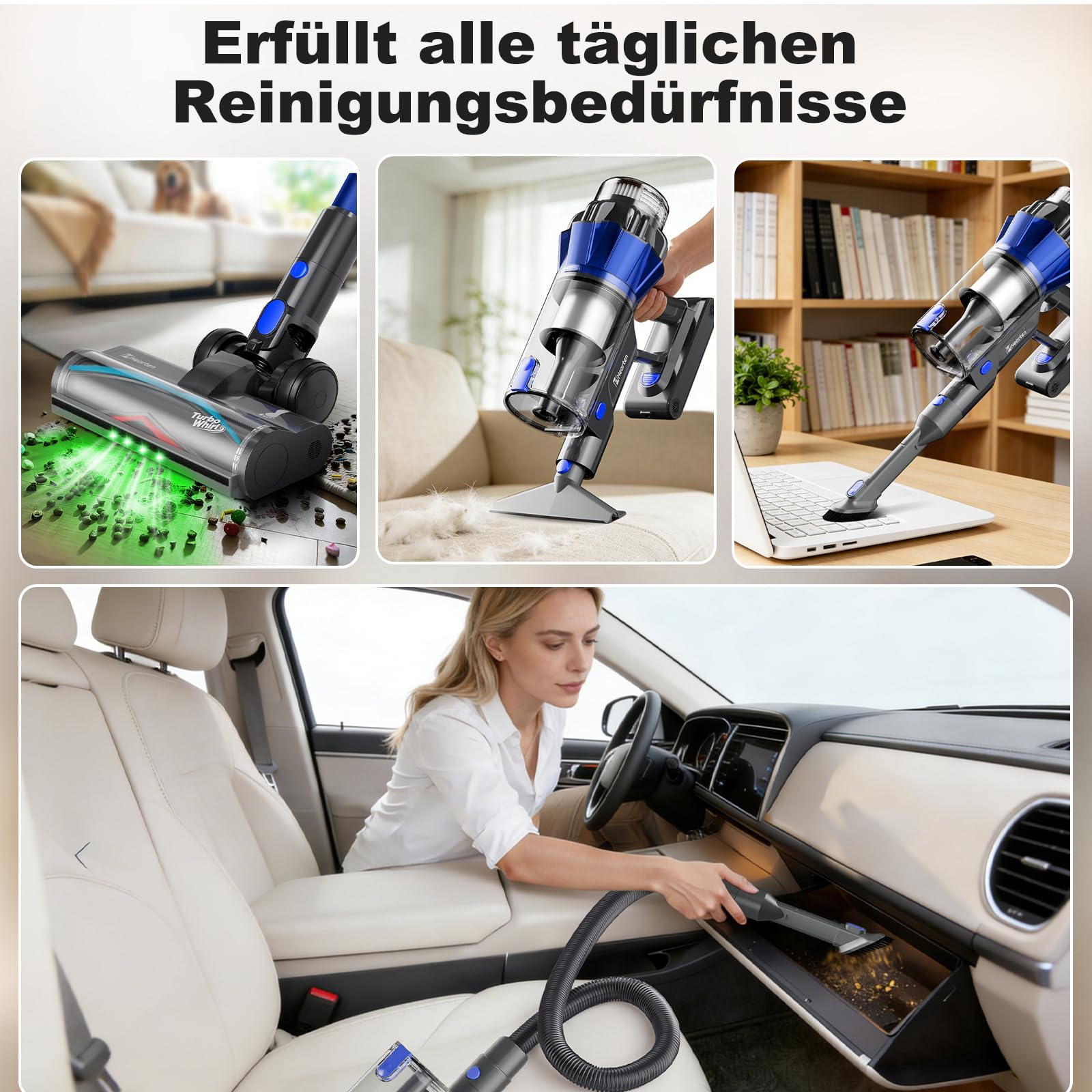 Hearten Akku Staubsauger 70000 Pa/600 W/65 Min. 4 Stufen, Schmutzsensor. 1,8 L Staubsauger Kabellos mit Schlauch, Farbdisplay, Anti-Haare-Bürste, 8-Stufen-Filter, für Tierhaare/Teppiche/Hartböden