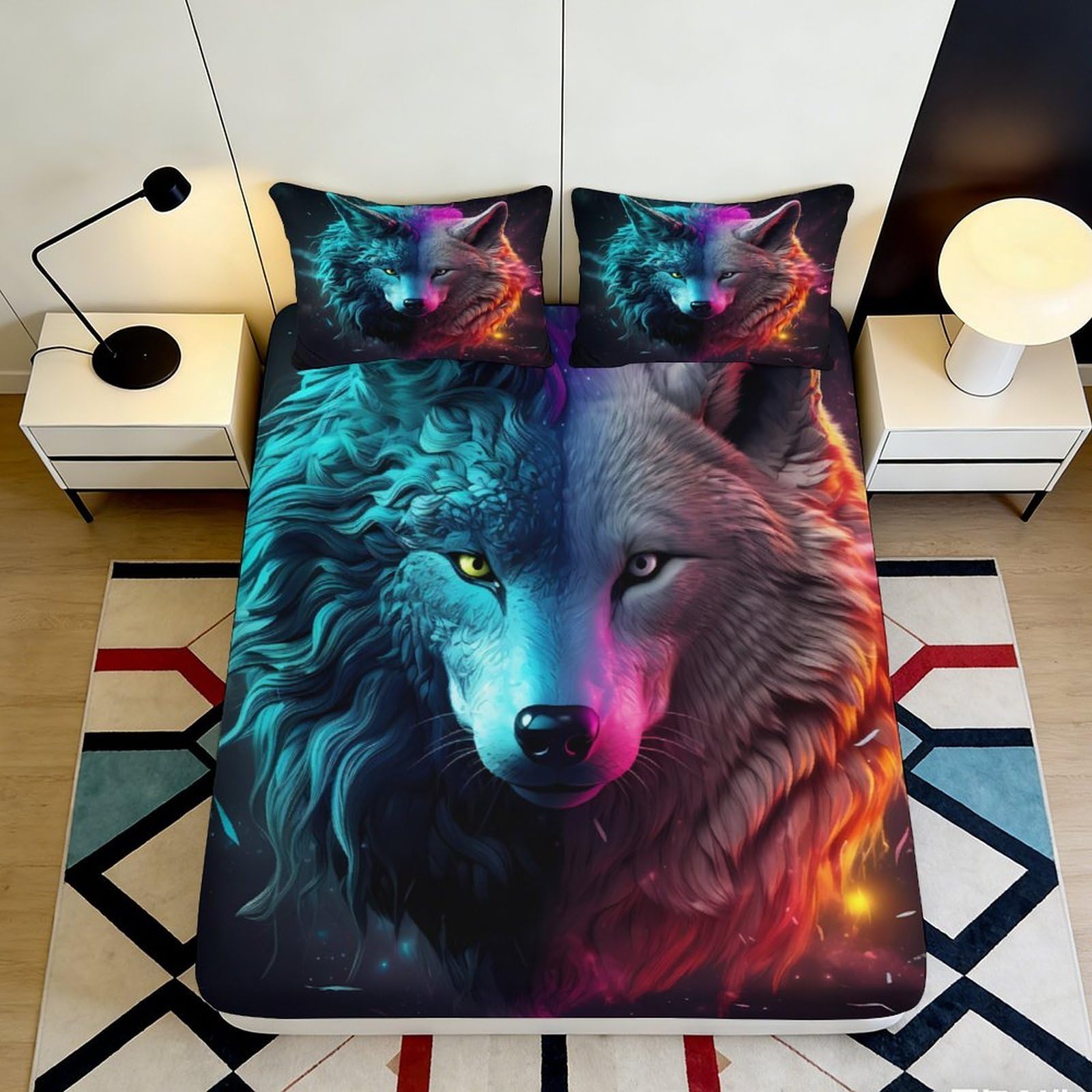 3D Printed Wolf Pattern Fitted Sheet Microfiber Deep Pocket Non-Slip Wolf Mattress Fitted Cover Bedroom Wrap Washable 160x200x25cm