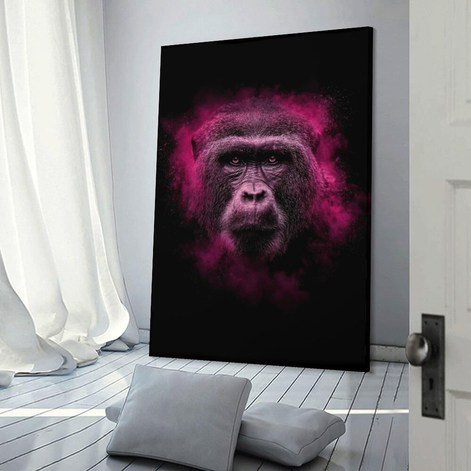 Junmoney Decorative Canvas Print Gorilla with Pink Smoke Explosion, 20x30inch(50x75cm), for Home Office, Desk Area Or Studio, Home Office Artwork with Decorative Appeal