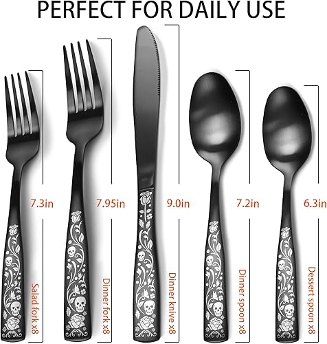 Miniatura 6 de IFERRENS Juego de cubiertos negros mate de 40 piezas para 8, juego de cubiertos decorativos con diseño de rosa de calavera 180, acabado de manchas