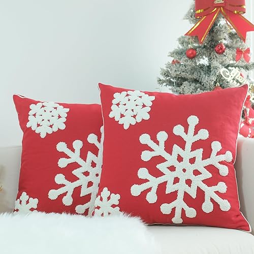 JOJUSIS Paquete de 2 fundas de almohada decorativas de Navidad con copos de nieve, fundas de cojín bordadas, decoración de vacaciones, fundas de