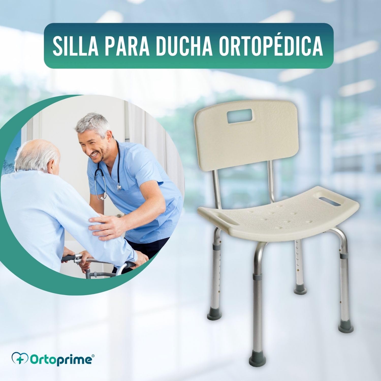 OrtoPrime Silla para Ducha Ortopédica - Taburete Baño con Respaldo - Asiento para Ducha Regulable en Altura - Silla para Ducha para Personas Mayores - Antideslizante Ducha