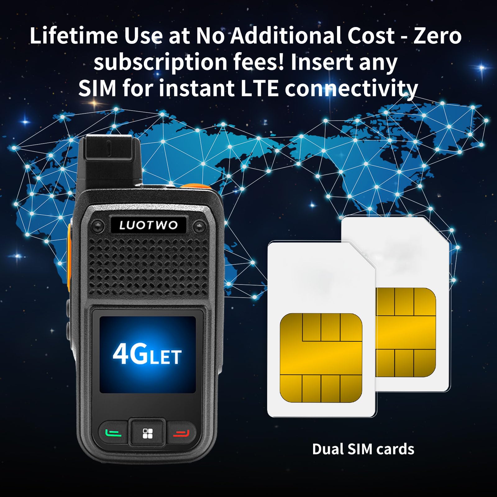 LUOTWO W500 2 Pack Global Walkie Talkie Unlimited Range with SIM Card 4G Walkie Talkie Long Range POC Radio Two Way Radios for Adults LTE 8000mAh Intercom 5000KM with GPS Lifetime Use Without Renewal