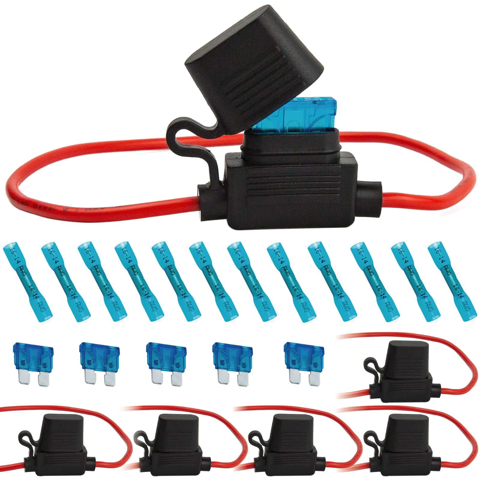 Gaoekoius 14 AWG Waterproof Inline Blade Fuse Holder kits-6pcs 14 Gauge Fuse Holder with 6PCS 15AMP fuses / 12pcs Heat Shrink connectors(6 Sets)