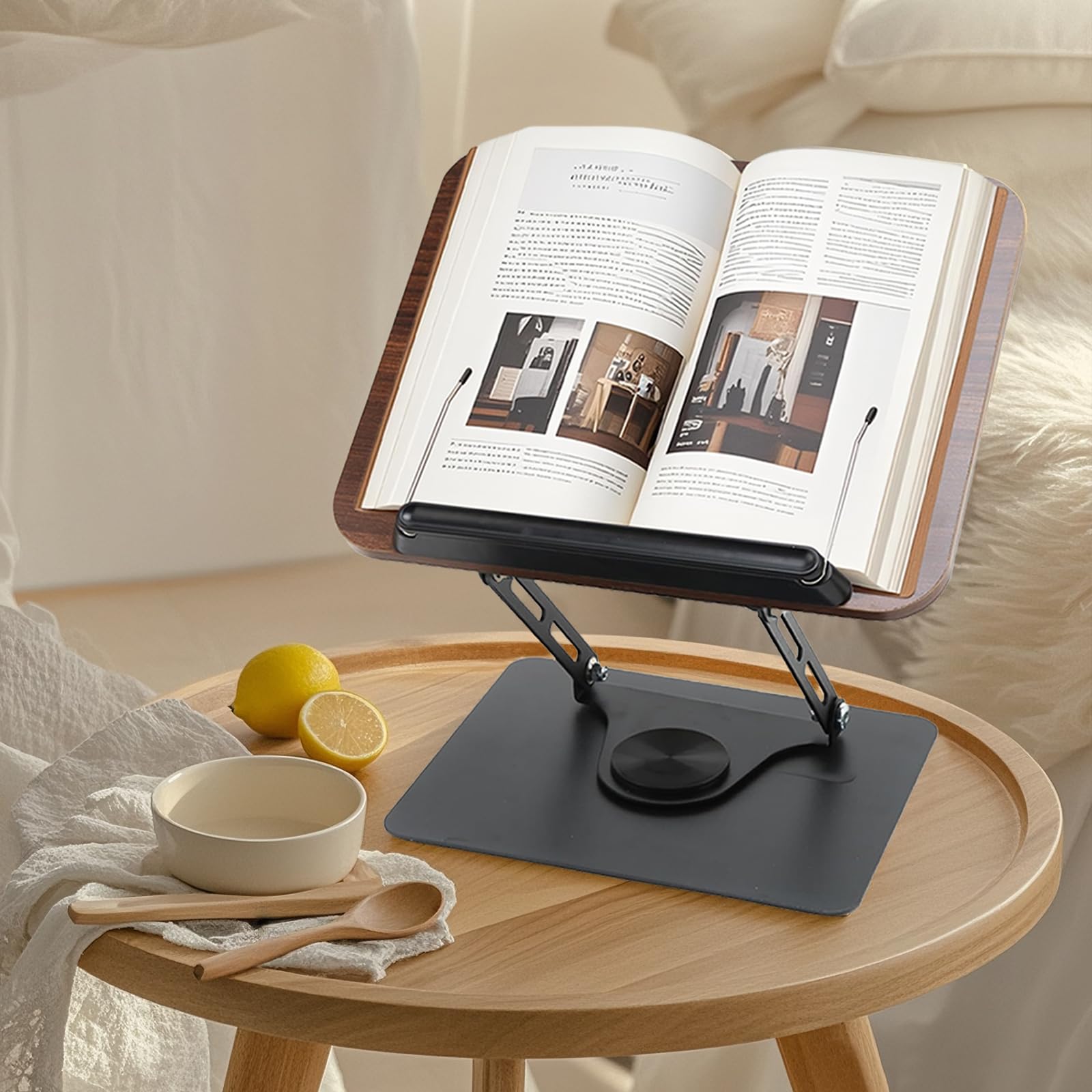 Porta Libri regolabile con pannello base girevole in legno e graffette Leggio da lettura Porta Libri resistente e porta Libri portatile per libri, cuochi, Ricette, iPad, Tablet, Spartito