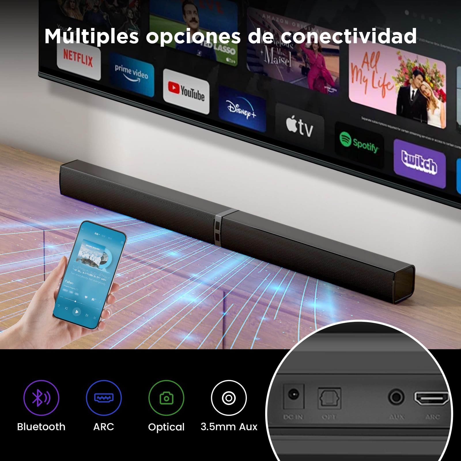 2.0 Barra de Sonido para TV, Barra de Sonido Separable 2 en 1 de 32 Pulgadas para Dispositivos de TV con 3 Modos de ecualización y 3 Sonidos envolventes, ARC/Óptico/AUX, 1pcs
