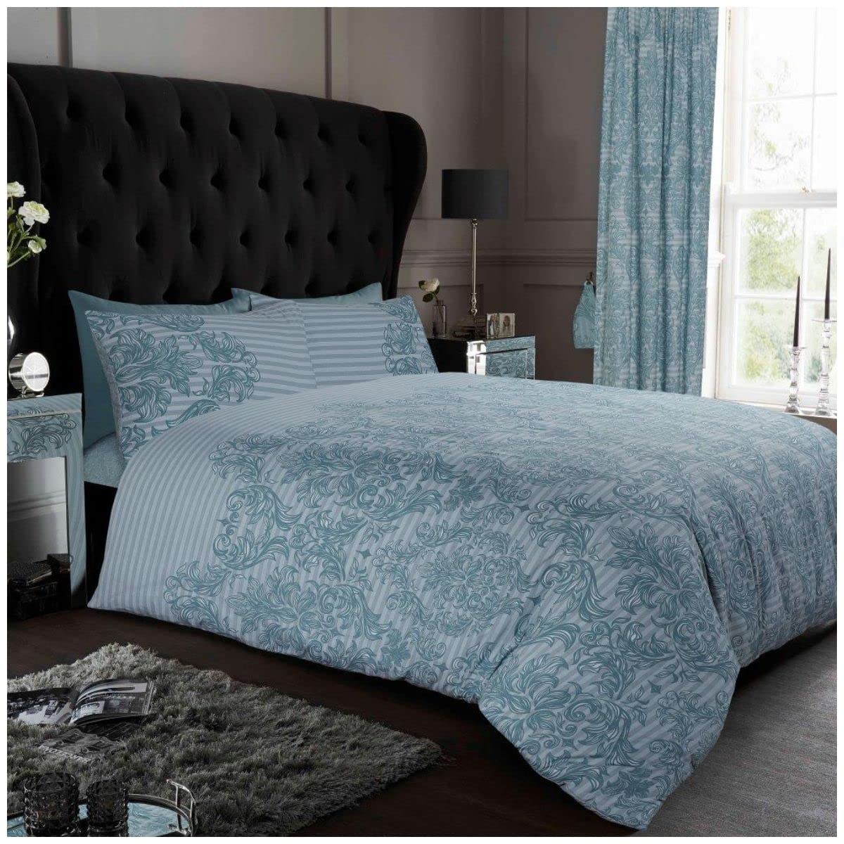 GC GAVENO CAVAILIA Luxury Floral Damask Double Bed Duvet Cover Set, Reversible Quilt Bed Sets, Duck Egg