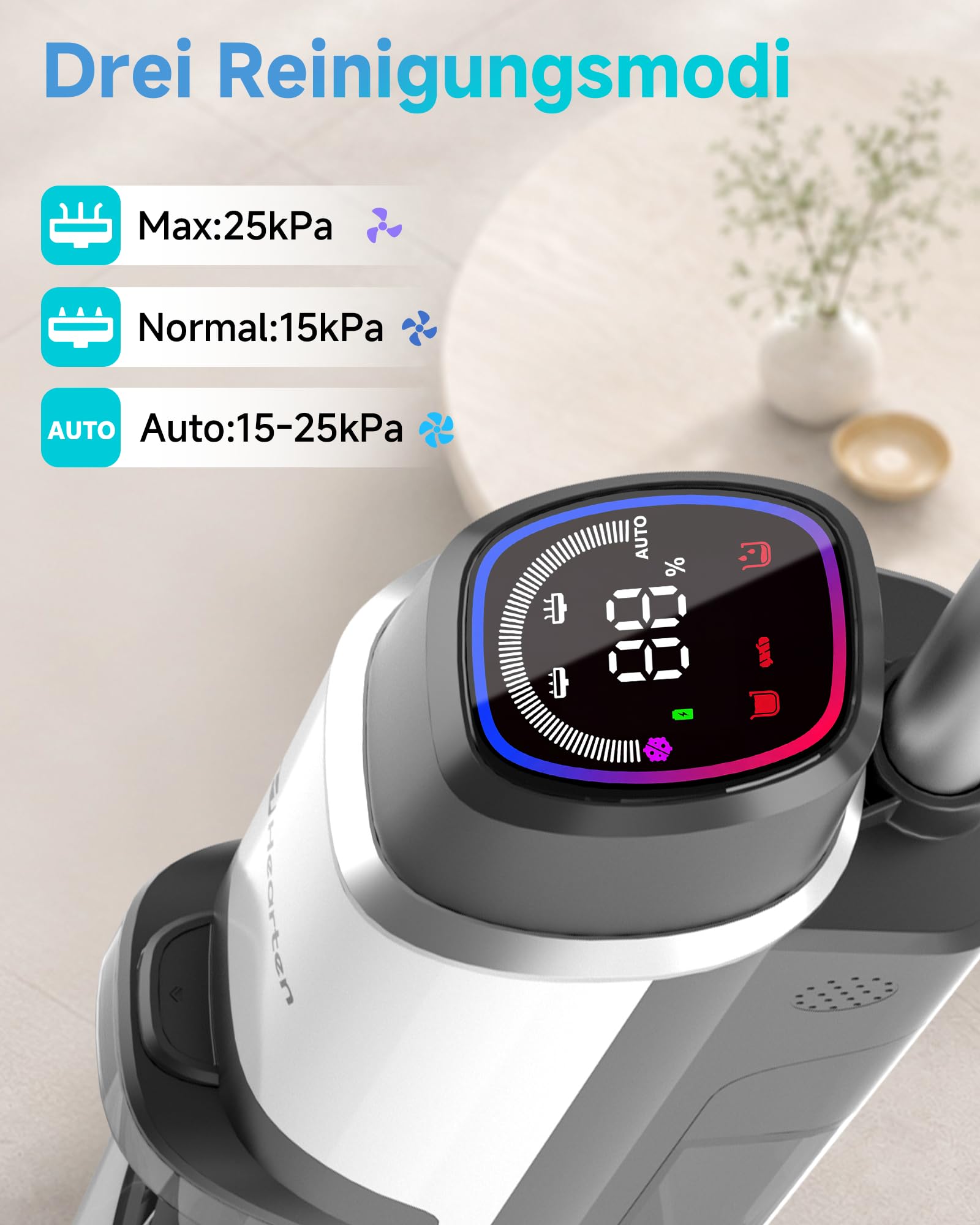 Hearten Nass Trockensauger, 25 kPa, mit Wasserelektrolyseur zur Desinfektion, Selbstreinigung, Sprachansage, Randreinigung, LED-Display, Bürstenloser Motor, Geräuscharm, Haushalte