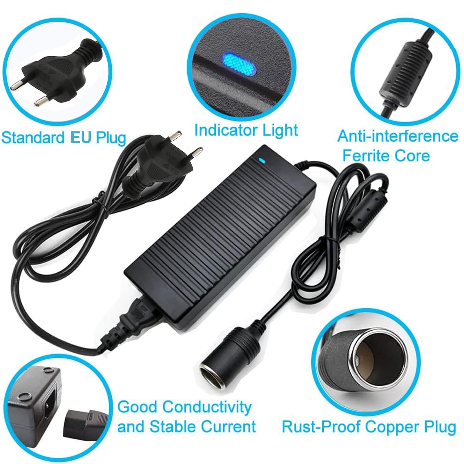 OBEST Adapter sieciowy do samochodu, przetwornica napięcia AC na DC 230 V na 12 V 10 A, 120 W, adapter do lodówki, pompowania opon, odkurzacza samochodowego