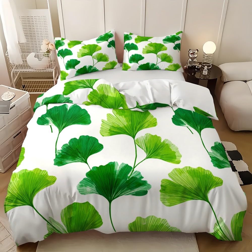 3-częściowy komplet pościeli 200 x 200 cm, z mikrofibry, proste liście miłorzębu, poszewka na kołdrę z zamkiem błyskawicznym, 80 x 80 cm, zielona, oddychająca, nie wymaga prasowania i miękka poszwa na